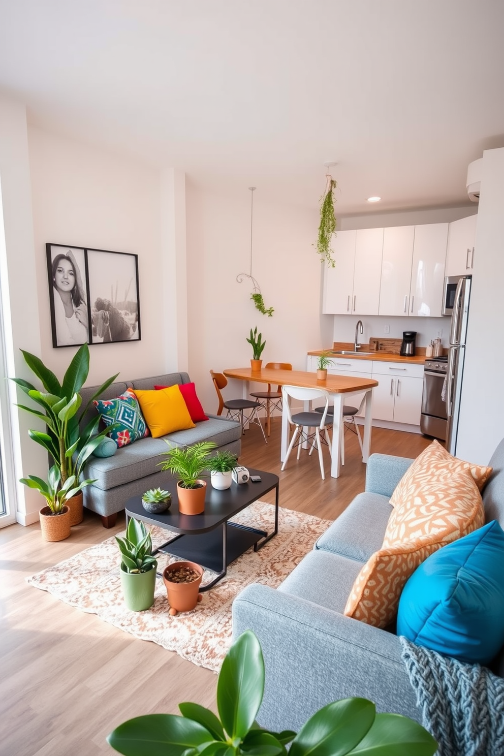 A cozy college apartment with a modern aesthetic. The living area features a plush gray sofa adorned with colorful throw pillows and a stylish coffee table surrounded by potted plants for a fresh feel. The small kitchen is designed with sleek white cabinets and stainless steel appliances. A dining table for four is placed near a window, with hanging plants adding a touch of greenery to the space.