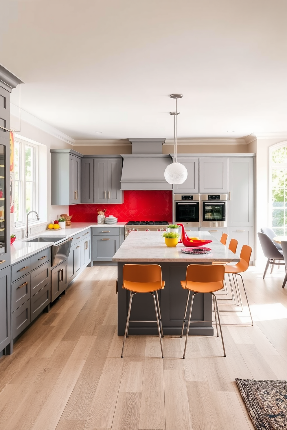 A rustic farmhouse kitchen filled with vibrant decor. The space features a large wooden dining table surrounded by mismatched chairs, with a colorful centerpiece of fresh flowers. Open shelves display an array of brightly colored dishes and jars, while a vintage farmhouse sink adds charm. The walls are adorned with cheerful artwork, and a woven rug adds warmth to the wooden floor.