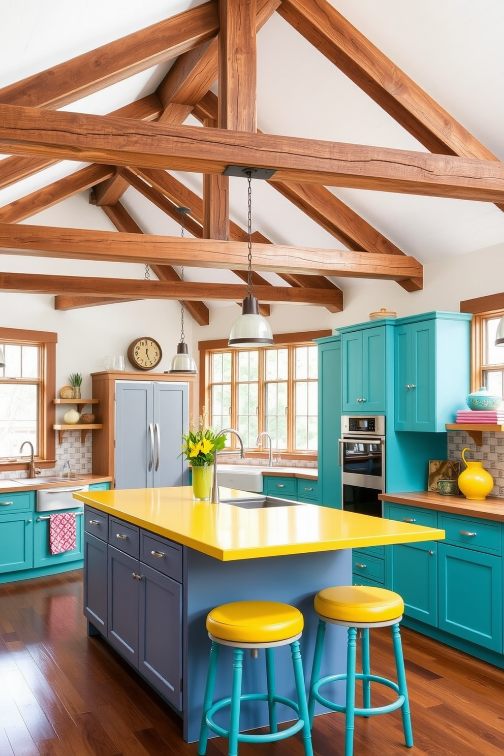 A vibrant kitchen space adorned with graphic wallpaper featuring colorful geometric patterns. The kitchen island is topped with a sleek quartz surface, surrounded by modern bar stools in bold hues. The cabinetry is painted in a mix of bright colors, creating an energetic and inviting atmosphere. Stainless steel appliances complement the design, while pendant lights hang gracefully above the island, adding a touch of elegance.