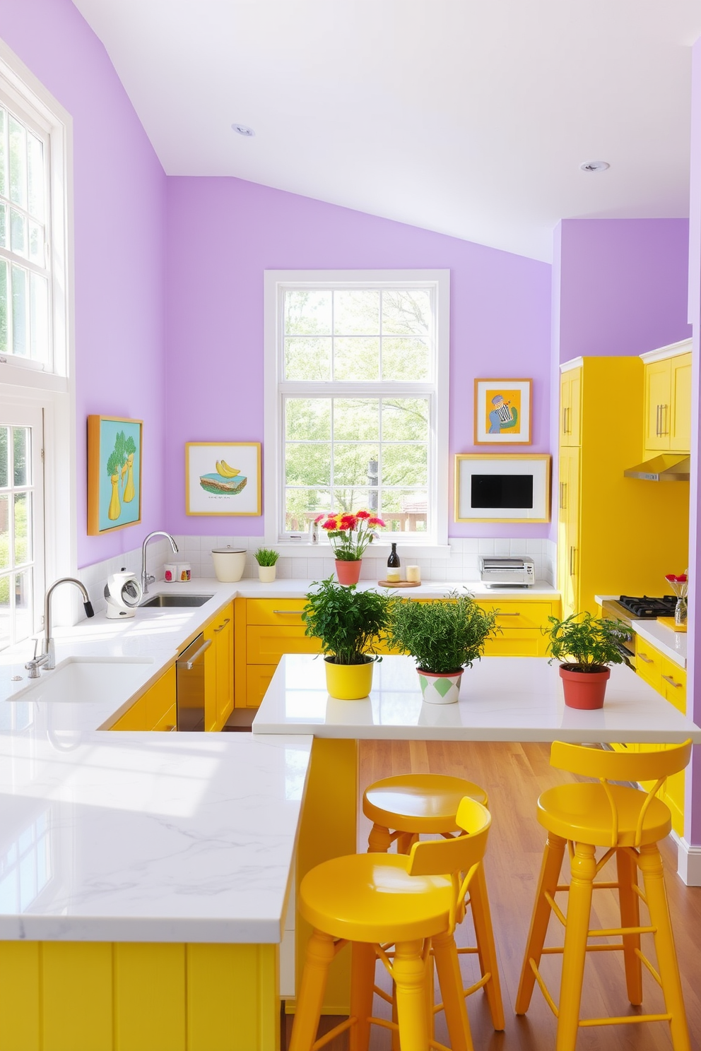 A striking kitchen design featuring bold black and white elements. The cabinets are sleek black with white countertops and a stylish backsplash, creating a modern contrast. Colorful accessories bring vibrancy to the space, including bright bar stools and decorative kitchenware. A cheerful fruit bowl and colorful dish towels add playful touches to the overall aesthetic.