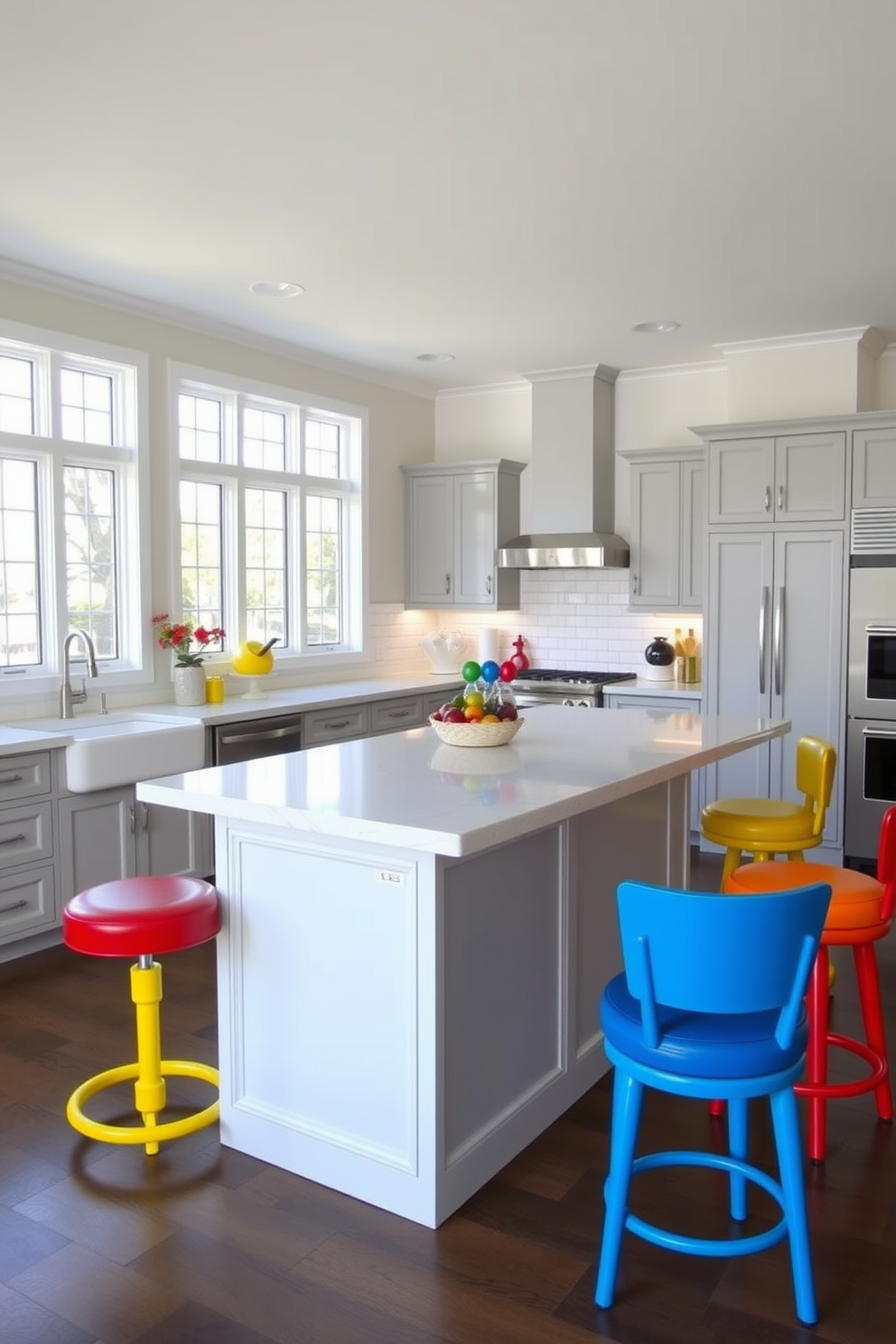 A vibrant kitchen space featuring sunny yellow dining chairs that contrast beautifully with a dark wood dining table. The kitchen showcases colorful design elements, including bright backsplash tiles and playful dishware that enhance the cheerful atmosphere.