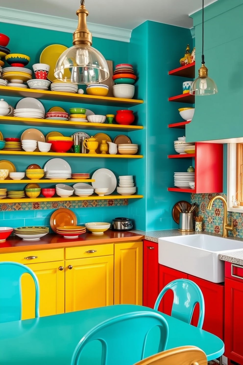 A vibrant kitchen space with cerulean blue walls and crisp white trim. The room features a large island with a white marble countertop and colorful bar stools that add a playful touch.