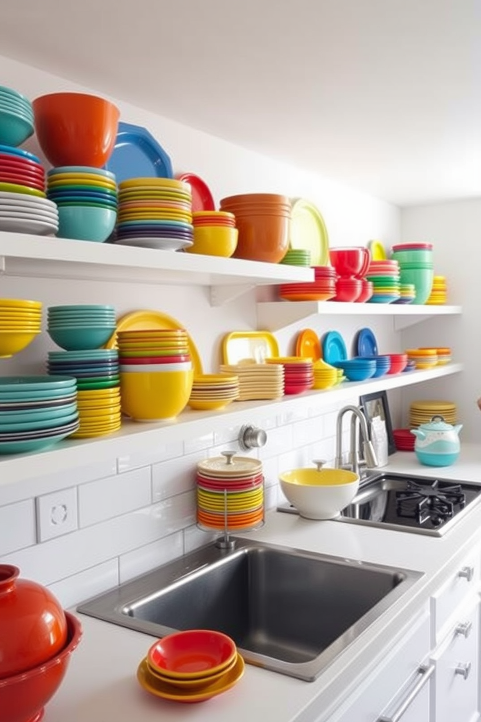 A vibrant kitchen filled with eclectic charm features mixed metal fixtures that blend brass, copper, and stainless steel. The cabinetry is painted in a rich teal, complemented by a colorful backsplash of patterned tiles that add a playful touch to the space.