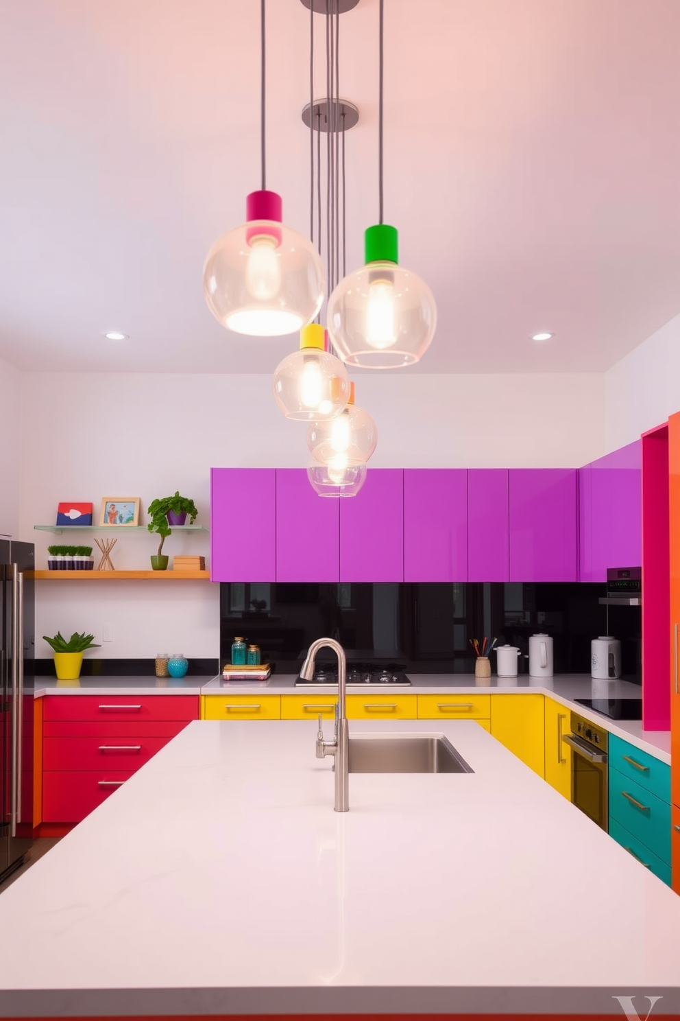 A vibrant kitchen filled with energy and creativity. The focal point is a row of rainbow colored bar stools lined up at a sleek kitchen island, inviting friends and family to gather. Bright cabinets in playful hues complement the colorful stools, while cheerful backsplash tiles add an extra pop of color. Natural light floods the space through large windows, enhancing the lively atmosphere of this joyful kitchen design.