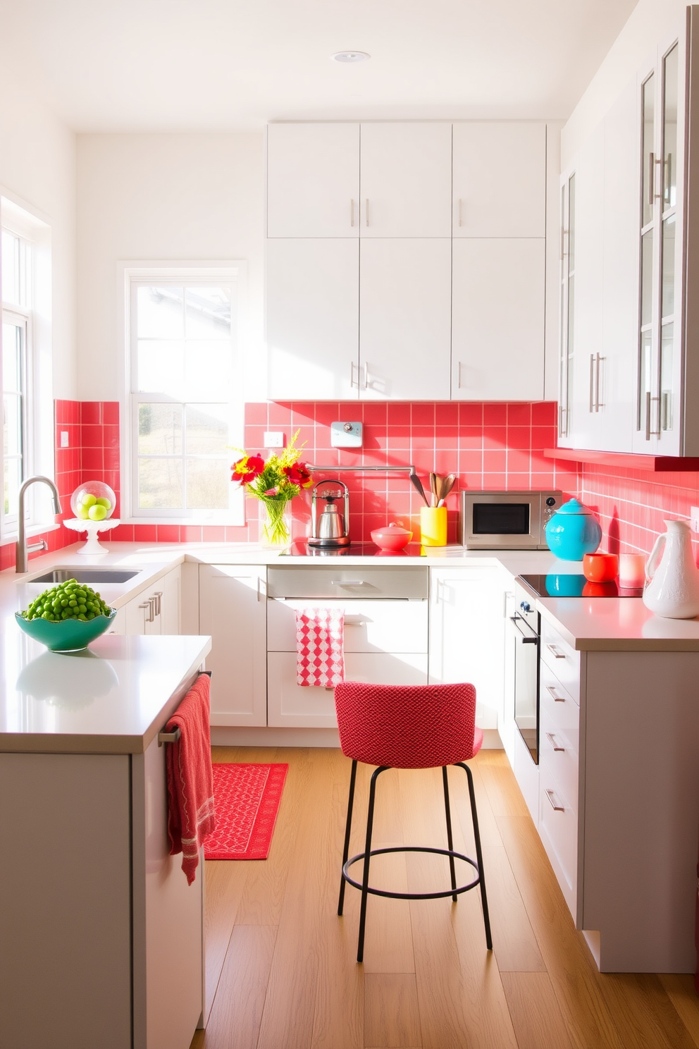 A vibrant kitchen featuring soft lavender cabinets adorned with charming floral decor. The countertops are a light marble, and the backsplash showcases a mosaic of colorful tiles that complement the cabinets beautifully.