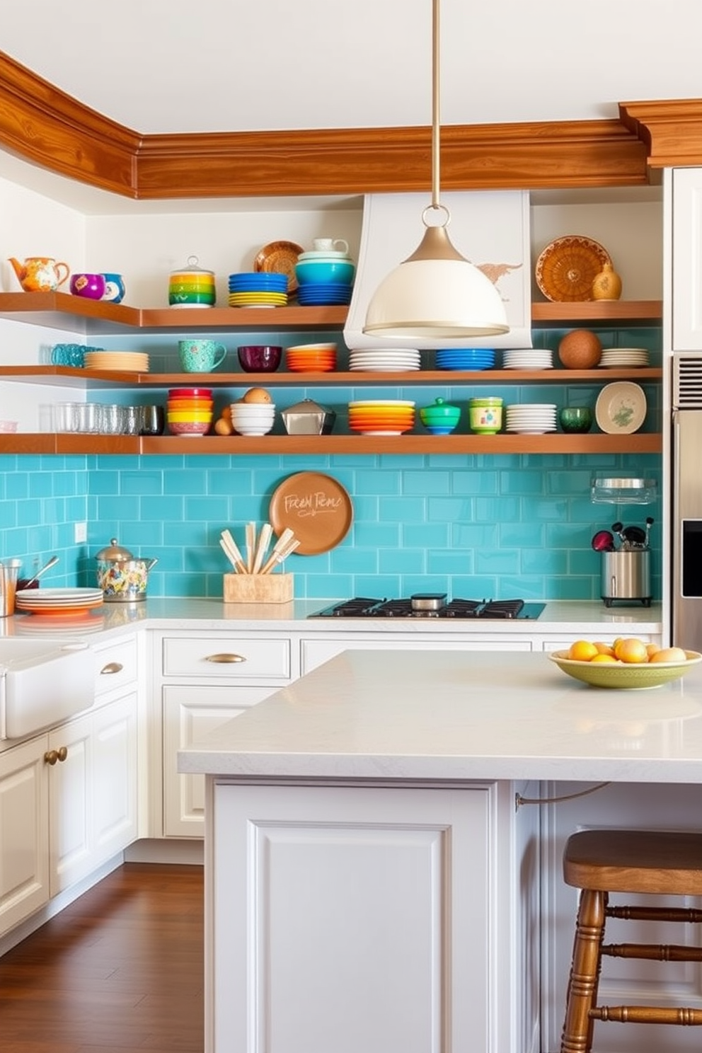 A bright yellow kitchen island serves as the focal point, featuring sleek gray accents that enhance its modern appeal. Surrounding the island, vibrant decor elements and colorful cabinetry create an inviting atmosphere filled with energy and creativity.