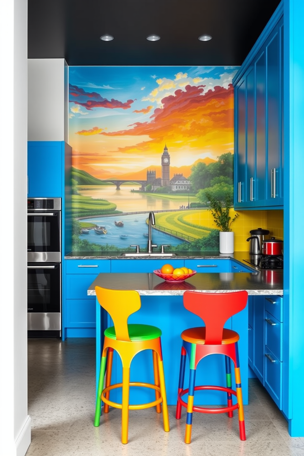 Artistic murals adding character to walls. A vibrant mural depicting a serene landscape covers the main wall, creating a focal point in the room. The surrounding walls are painted in a soft white to enhance the mural's colors and provide a clean backdrop. Colorful Kitchen Design Ideas. The kitchen features bright blue cabinets paired with a cheerful yellow backsplash, creating a lively atmosphere. Stainless steel appliances and a large island with colorful bar stools complete the inviting and functional design.