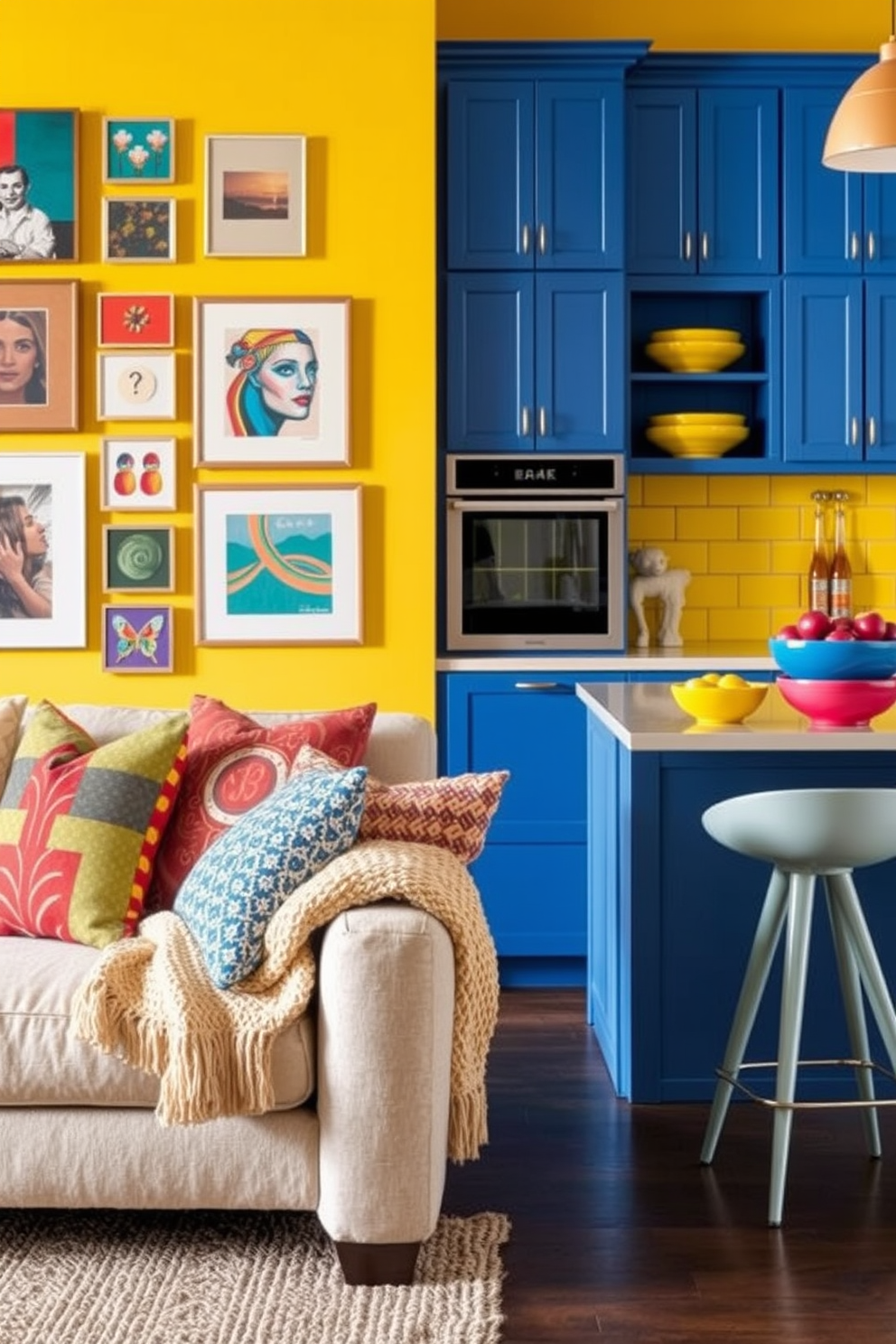 A colorful kitchen filled with vintage appliances that exude retro flair. The refrigerator is a bright turquoise, complemented by a sunny yellow stove and a classic red microwave, creating a vibrant and inviting atmosphere. The cabinets are painted in a soft cream color, adorned with antique brass handles, adding to the nostalgic charm. A checkerboard floor in black and white ties the design together, while colorful dishware is displayed on open shelves, enhancing the playful aesthetic.