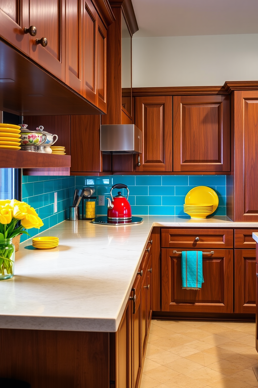 A whimsical kitchen filled with bright colors and playful light fixtures. The ceiling is adorned with unique, multicolored pendant lights that create a cheerful atmosphere. The cabinetry features a mix of vibrant hues like turquoise and sunny yellow. A bold backsplash with a fun pattern adds character to the space, while colorful bar stools invite guests to gather around the island.