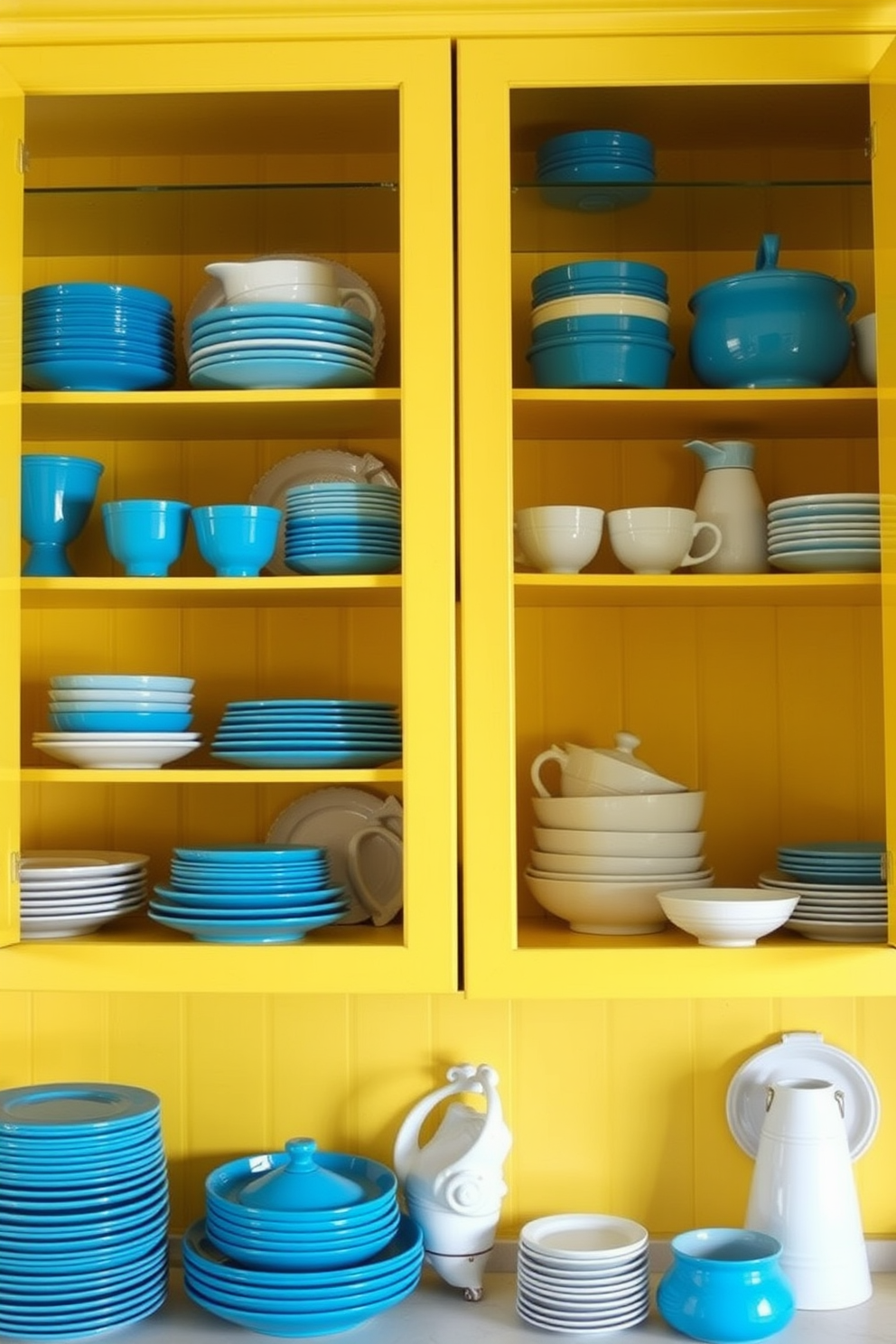 A vibrant kitchen featuring contrasting colors on the upper and lower cabinets. The upper cabinets are painted in a bright sky blue while the lower cabinets are a rich navy blue, creating a striking visual effect. The countertops are a crisp white quartz that complements the cabinetry. Colorful accents such as a red kettle and yellow dishware add playful touches to the overall design.