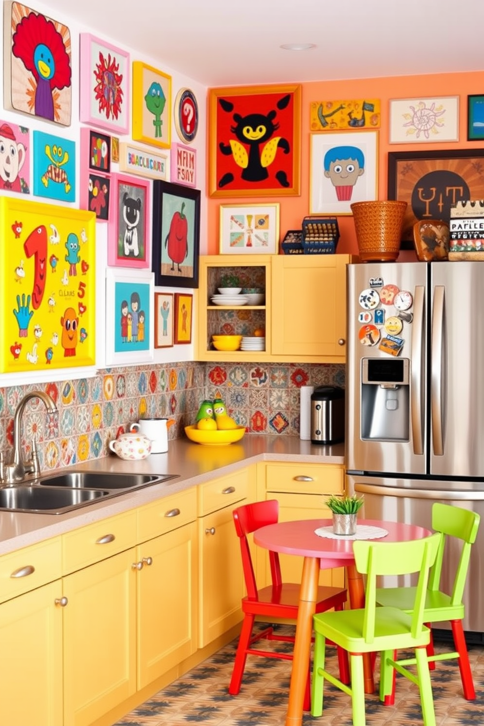 A vibrant kitchen featuring a bright green backsplash that contrasts beautifully with the sleek white cabinetry. The space is filled with natural light, highlighting colorful accents and modern appliances that enhance the lively atmosphere.