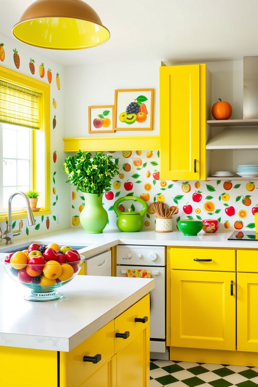 An eclectic mix of colorful dishware is artfully arranged on open shelving, showcasing vibrant plates, bowls, and mugs in various patterns and hues. The kitchen features a bold backsplash with geometric tiles, complemented by bright cabinetry and playful decor elements that create a lively and inviting atmosphere.