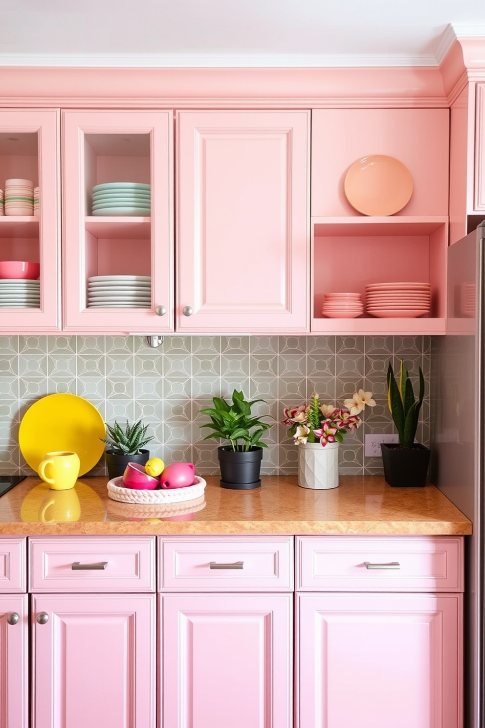 A vibrant kitchen featuring sunset orange walls that create a warm and inviting atmosphere. Dark cabinetry contrasts beautifully with the bright walls, providing a modern yet cozy aesthetic. The kitchen island is topped with a sleek white countertop, complemented by stylish bar stools. Colorful accents such as bright dishware and decorative plants add personality and charm to the space.