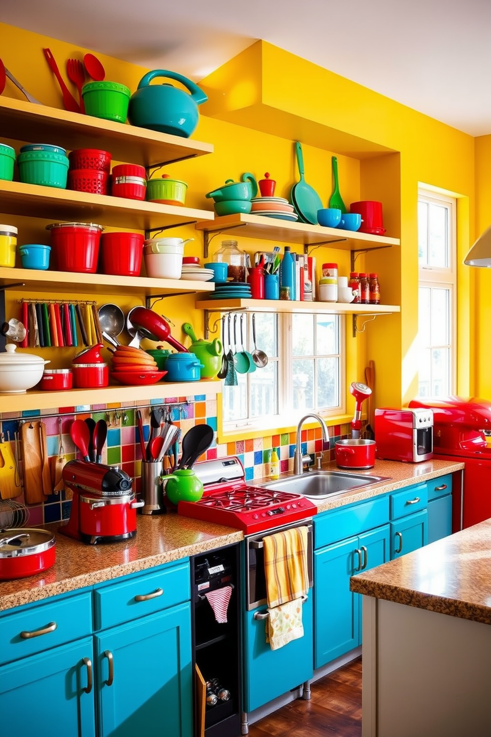 A vibrant kitchen filled with natural light features a colorful fruit bowl as a centerpiece on a sleek wooden island. Surrounding the island are modern bar stools with bright upholstery, and the cabinetry is painted in a cheerful pastel shade. The backsplash showcases a playful mosaic of tiles in various colors, adding a whimsical touch to the space. Large windows allow sunlight to flood in, highlighting the fresh fruits and creating an inviting atmosphere.