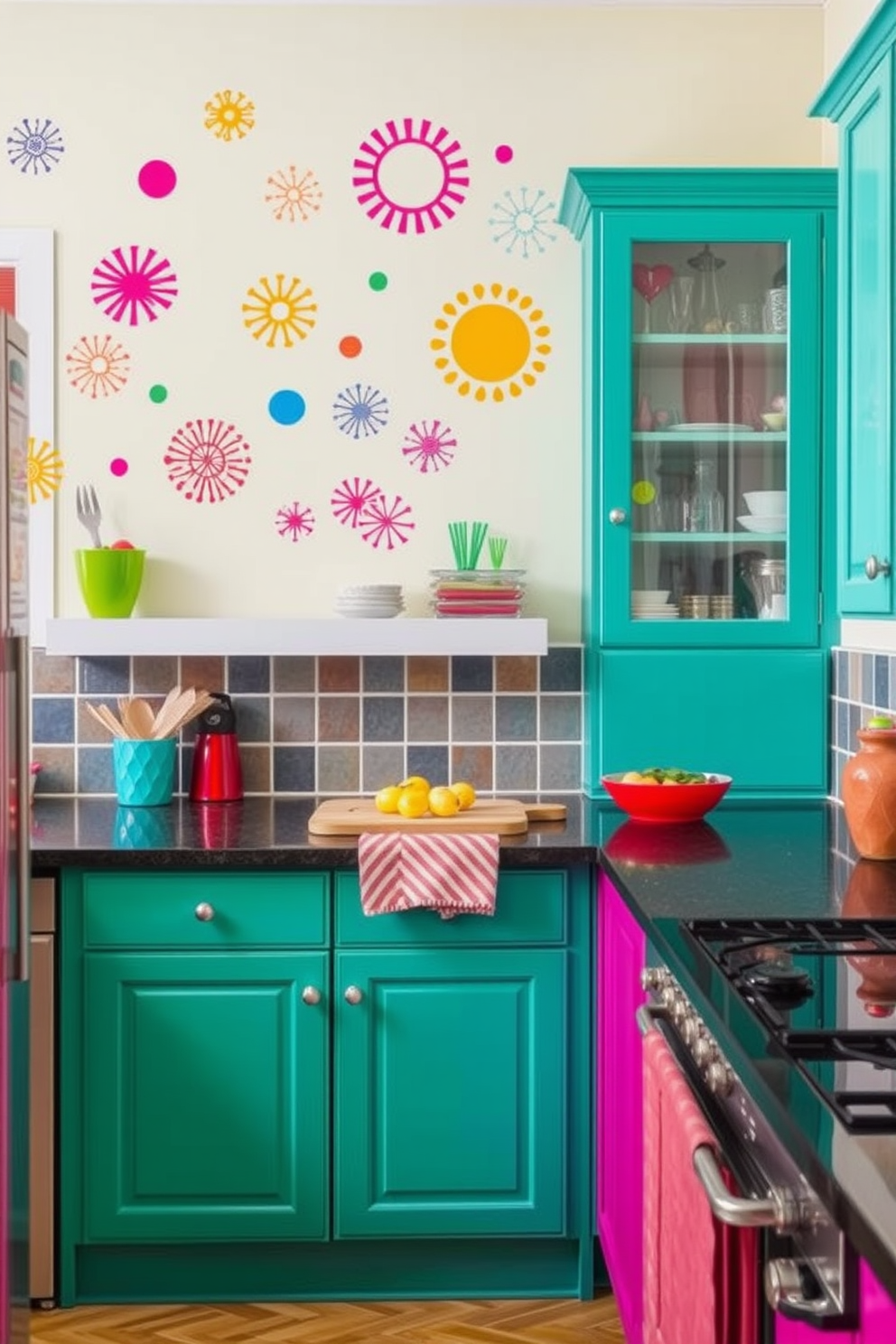 Cheerful patterned curtains in vibrant hues frame a bright kitchen window. The curtains feature a mix of floral and geometric designs, adding a playful touch to the room. Colorful kitchen design ideas include cabinets painted in bold shades of blue and yellow. A vibrant backsplash with mosaic tiles complements the lively atmosphere, creating an inviting cooking space.