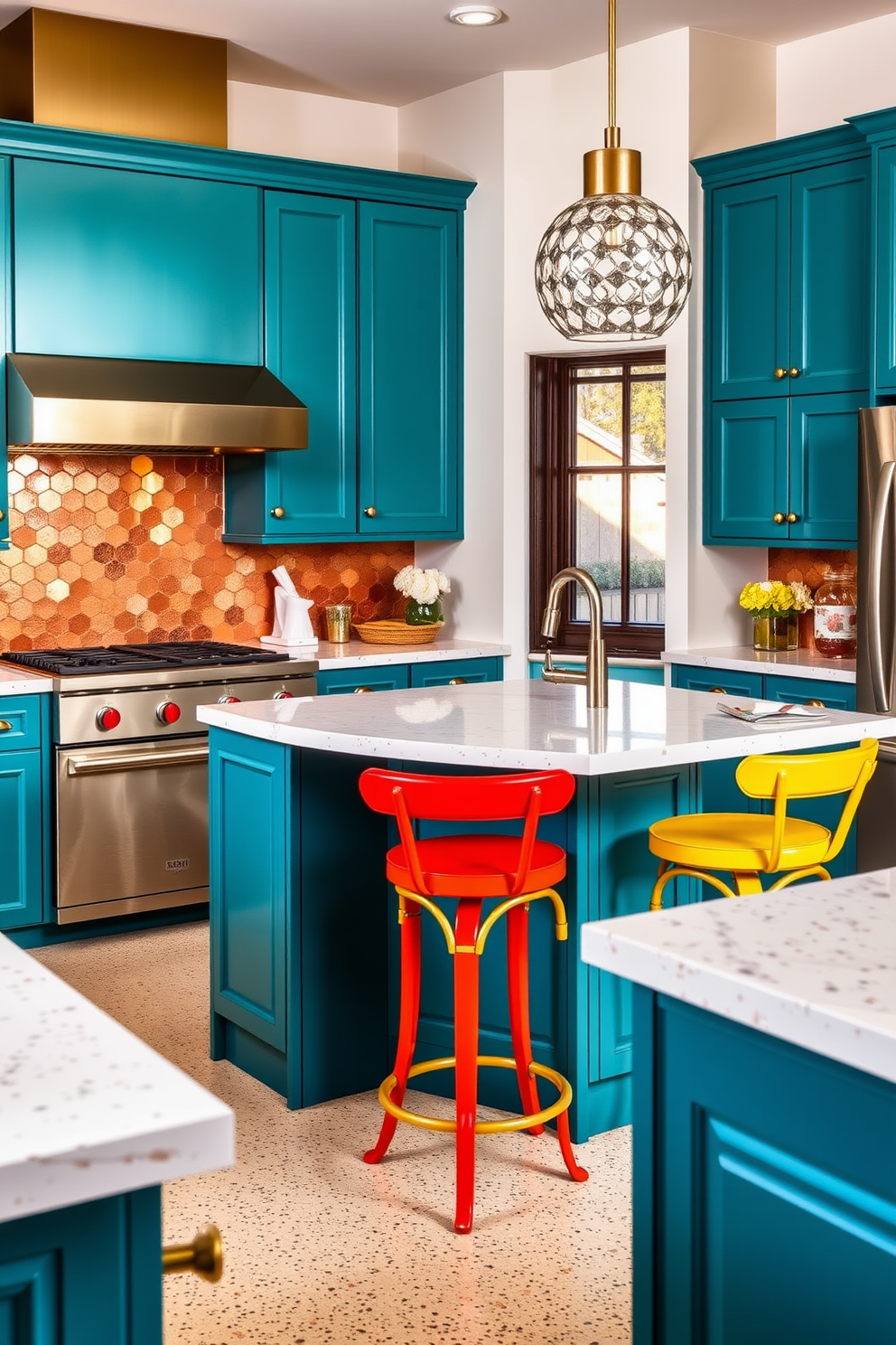 A bold accent wall painted in deep navy blue serves as the backdrop for an eclectic display of unique art pieces. The art includes a mix of abstract paintings and framed photographs, creating a vibrant focal point in the room. The kitchen features bright cabinetry in shades of yellow and teal, complemented by a striking backsplash with geometric patterns. A large island in the center provides ample workspace and is topped with a stylish quartz countertop, making it both functional and visually appealing.