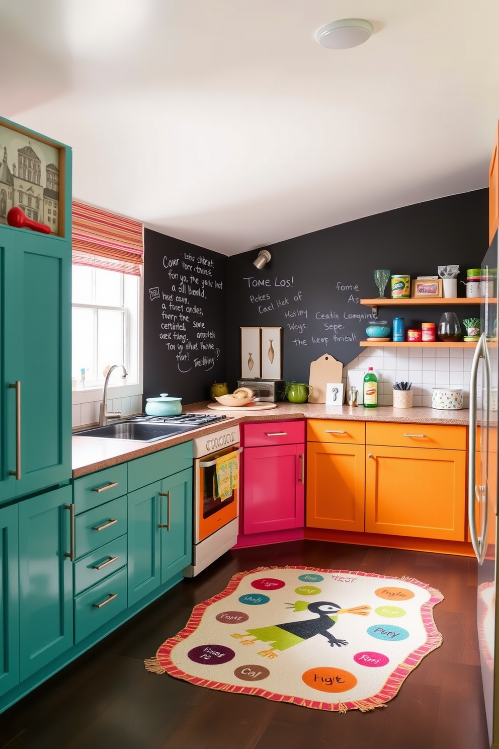 Layered textures create a warm and inviting atmosphere in a colorful kitchen. The walls are adorned with vibrant artwork, while an eclectic mix of patterned cushions and throws adds depth to the seating area. Bright cabinets in shades of teal and yellow contrast with a rustic wooden island. A playful backsplash featuring geometric tiles brings energy to the space, complemented by colorful dishware displayed on open shelves.