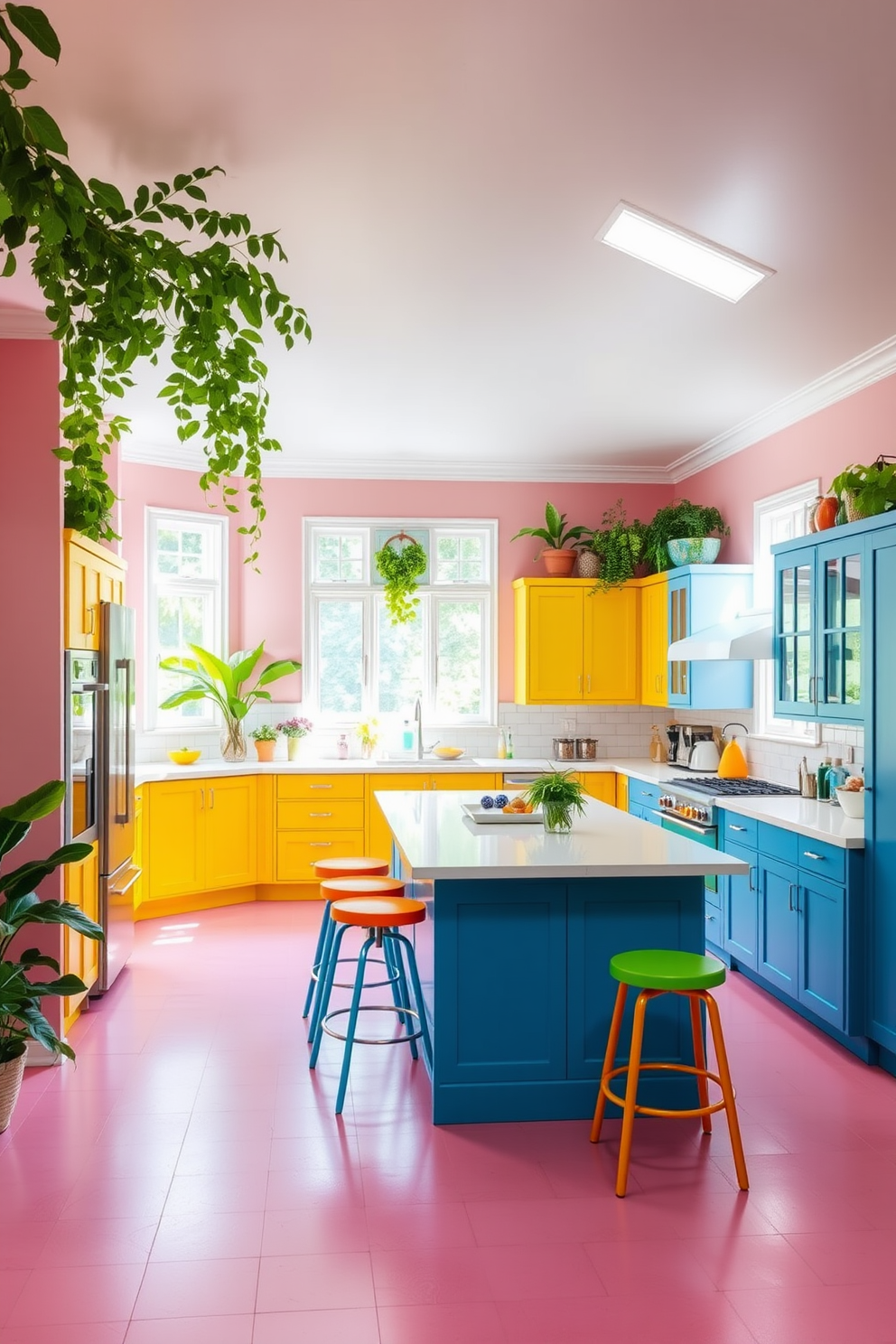 A vibrant kitchen featuring a striking red backsplash that contrasts beautifully with sleek black fixtures. The cabinetry is a mix of bright colors, creating an inviting and lively atmosphere, while the countertop is made of polished white quartz.