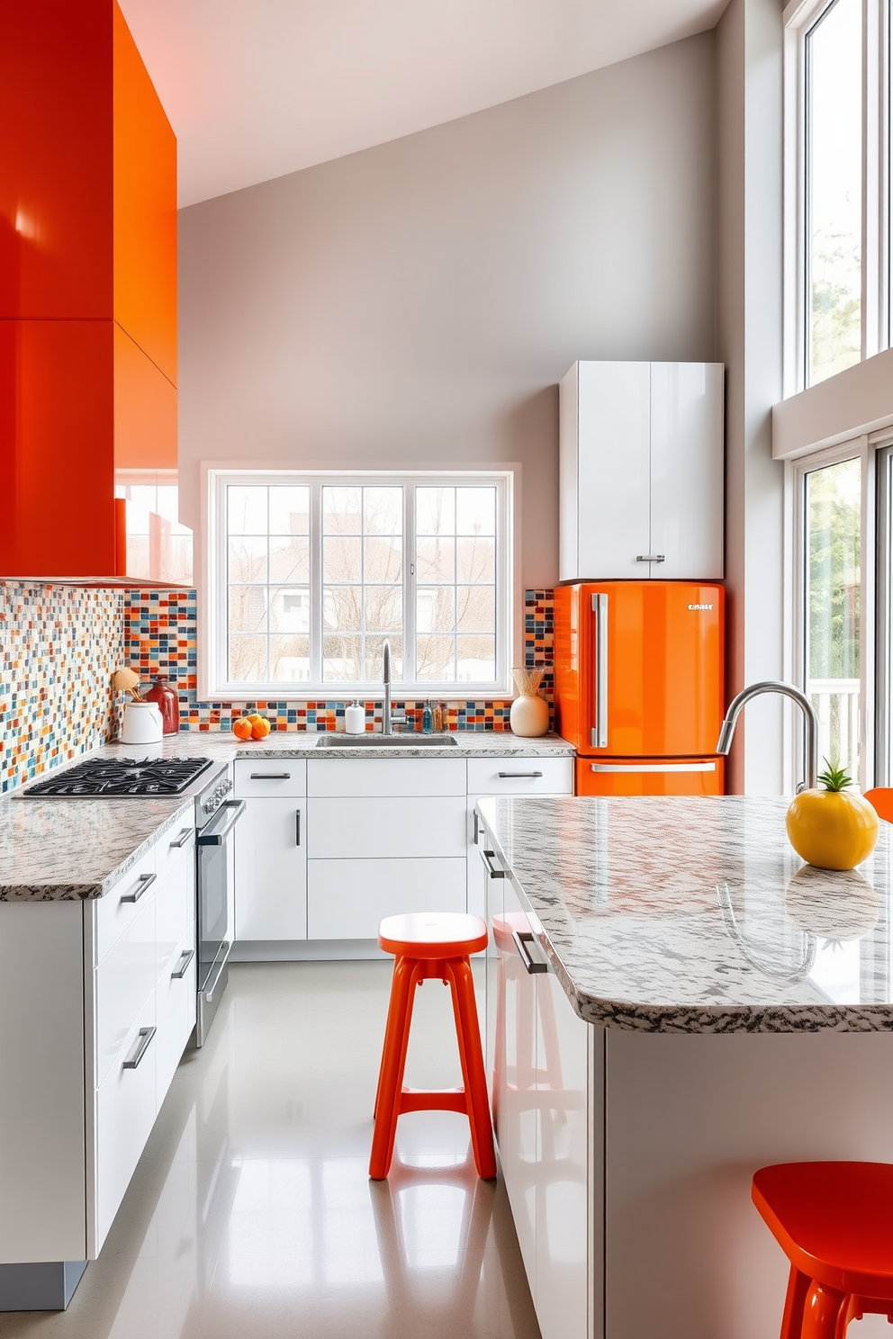 A vibrant kitchen setting featuring turquoise cabinetry that contrasts beautifully with natural wooden shelves. The space is filled with colorful accents, including bright dishware and decorative items that enhance the cheerful atmosphere.