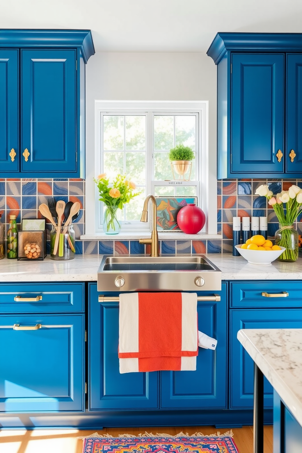 A vibrant kitchen featuring orange and teal color blocking on the walls creates a striking visual impact. The cabinetry is a rich teal, contrasting beautifully with orange accents on the backsplash and decorative elements. The countertops are a sleek white, providing a clean balance to the bold colors. Brightly colored kitchen appliances and accessories add personality and warmth to the space.