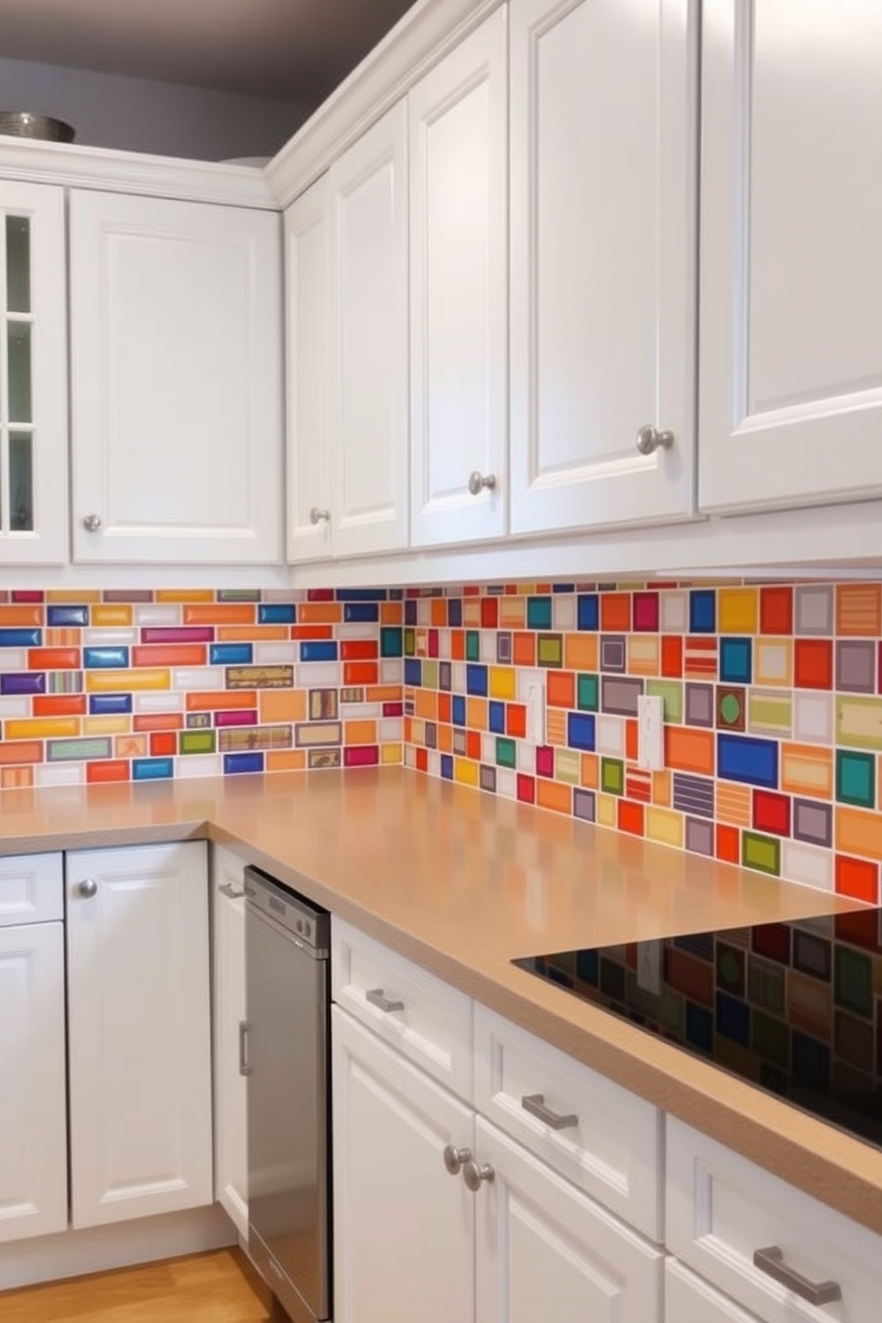 A vibrant kitchen featuring lime green cabinets adorned with elegant brass hardware. The countertops are a sleek white quartz, and the backsplash showcases a playful mosaic of colorful tiles.