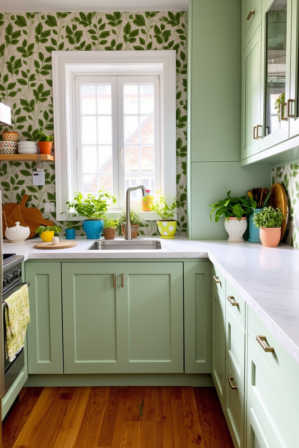 A vibrant kitchen featuring deep purple walls adorned with elegant gold accents. The cabinetry is a mix of modern and classic styles, creating a striking contrast that enhances the overall aesthetic. The countertops are a sleek white quartz, providing a clean surface against the bold wall color. Colorful appliances in shades of teal and yellow add a playful touch, making the kitchen both functional and inviting.