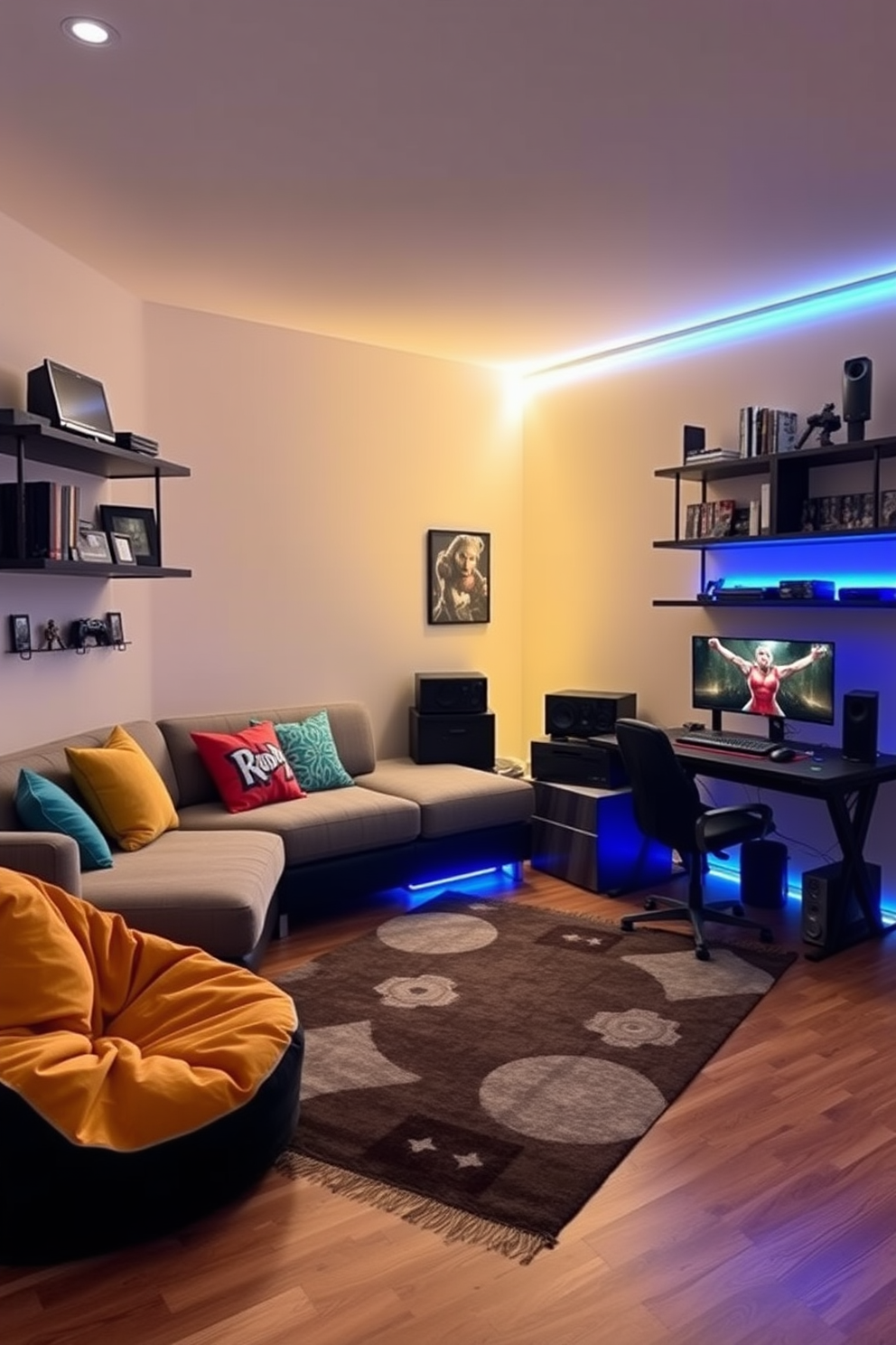 A cozy gaming nook with soft ambient lighting creates an inviting atmosphere for relaxation and play. The space features a plush sectional sofa adorned with colorful throw pillows, and a sleek gaming desk equipped with the latest technology. Wall-mounted shelves display an array of video games and collectibles, while LED strip lights provide a customizable glow. A large area rug adds warmth to the hardwood floor, and a bean bag chair offers additional seating for friends.