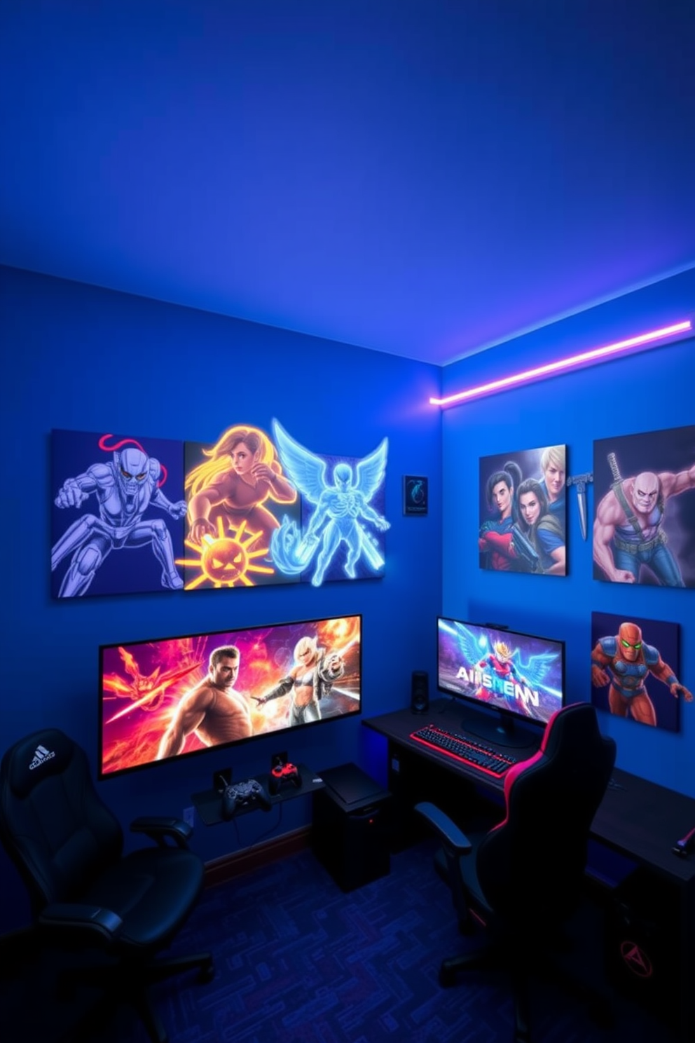 A modern computer game room features sleek floating shelves that showcase an impressive collection of gaming memorabilia and collectibles. The walls are painted in a deep navy blue, complemented by ambient LED lighting that highlights the shelves and creates an immersive atmosphere. The gaming setup includes a large curved monitor and a high-end gaming chair positioned in front of a stylish desk. Plush rugs in vibrant colors add comfort underfoot, while soundproofing panels enhance the room's acoustics for an optimal gaming experience.