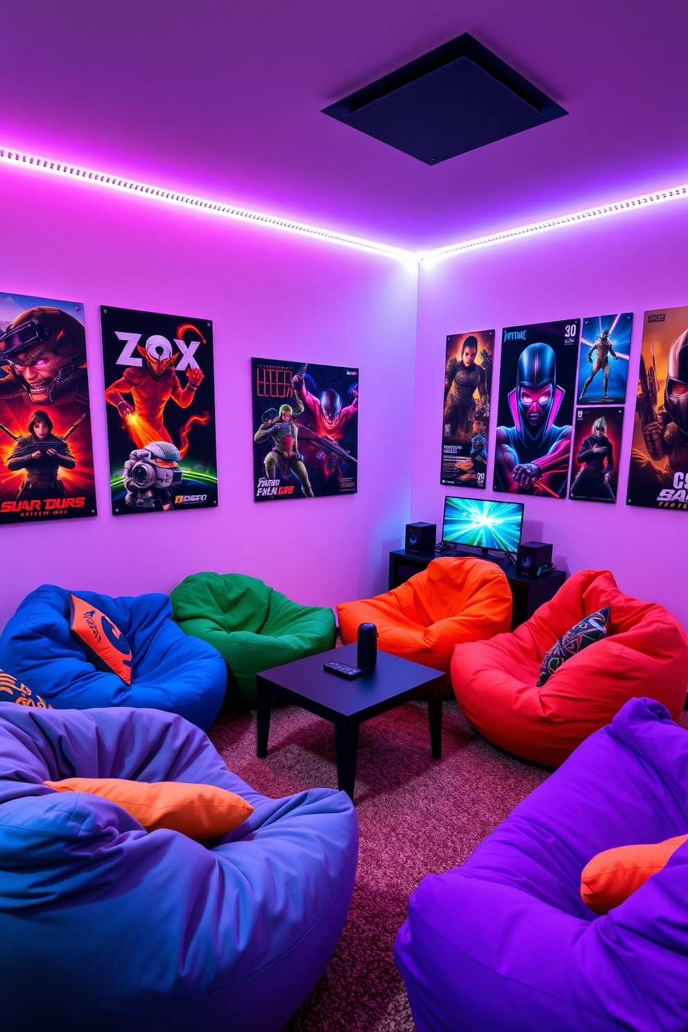 A cozy computer game room featuring colorful bean bags arranged around a low coffee table. The walls are adorned with vibrant gaming posters and LED strip lights create an immersive atmosphere.