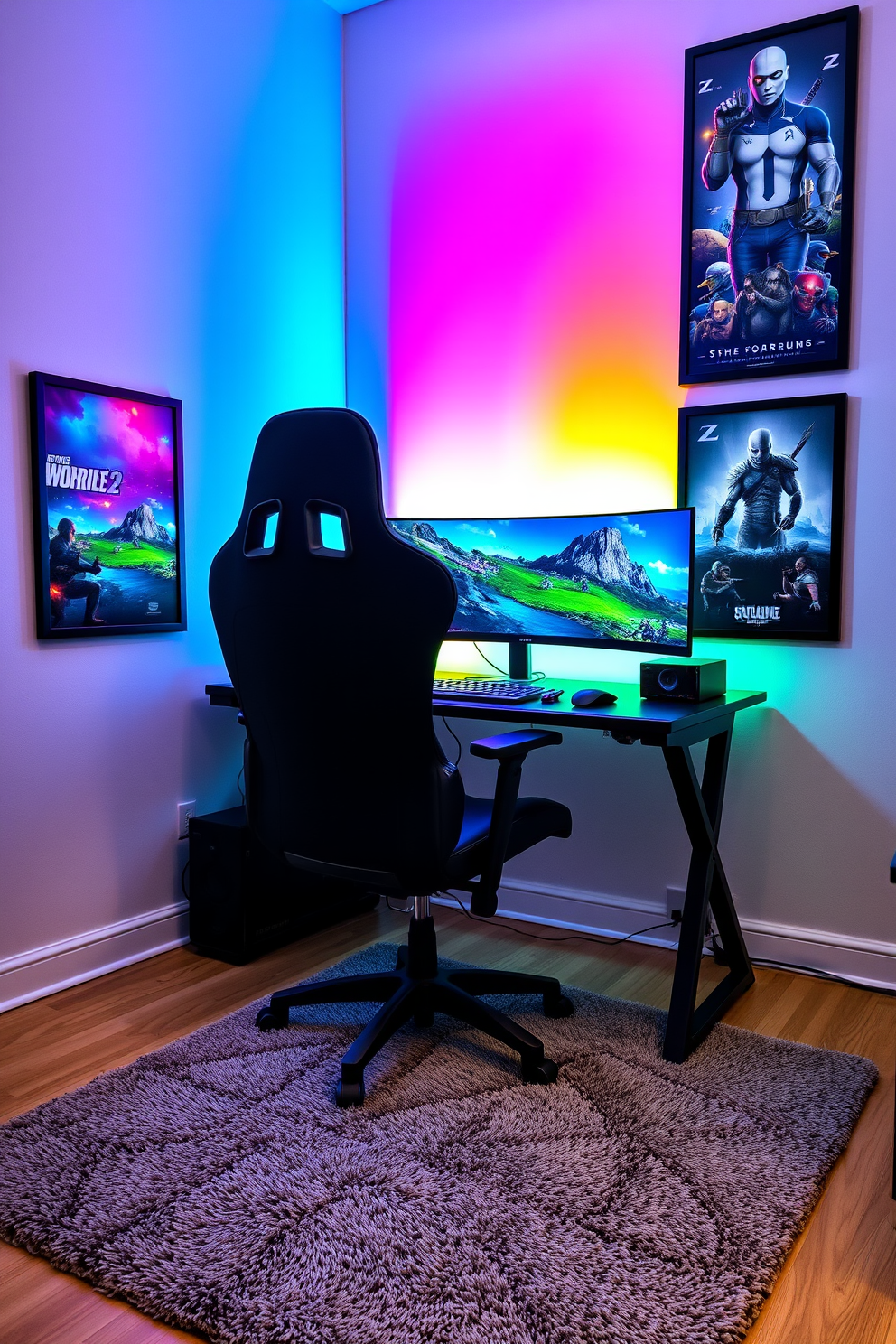 A modern computer game room featuring an ergonomic chair designed for long gaming sessions. The room is equipped with ambient lighting, a large gaming monitor, and sleek storage solutions for gaming accessories.