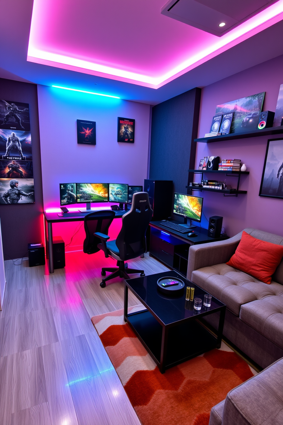 A modern multi-purpose space designed for both gaming and work. The room features a sleek gaming desk with dual monitors and an ergonomic chair, complemented by vibrant LED lighting that enhances the gaming atmosphere. To the side, a cozy lounge area includes a plush sofa and a coffee table, creating a perfect spot for relaxation. The walls are adorned with gaming posters and shelves displaying collectibles, while a soundproofing panel ensures an immersive experience.