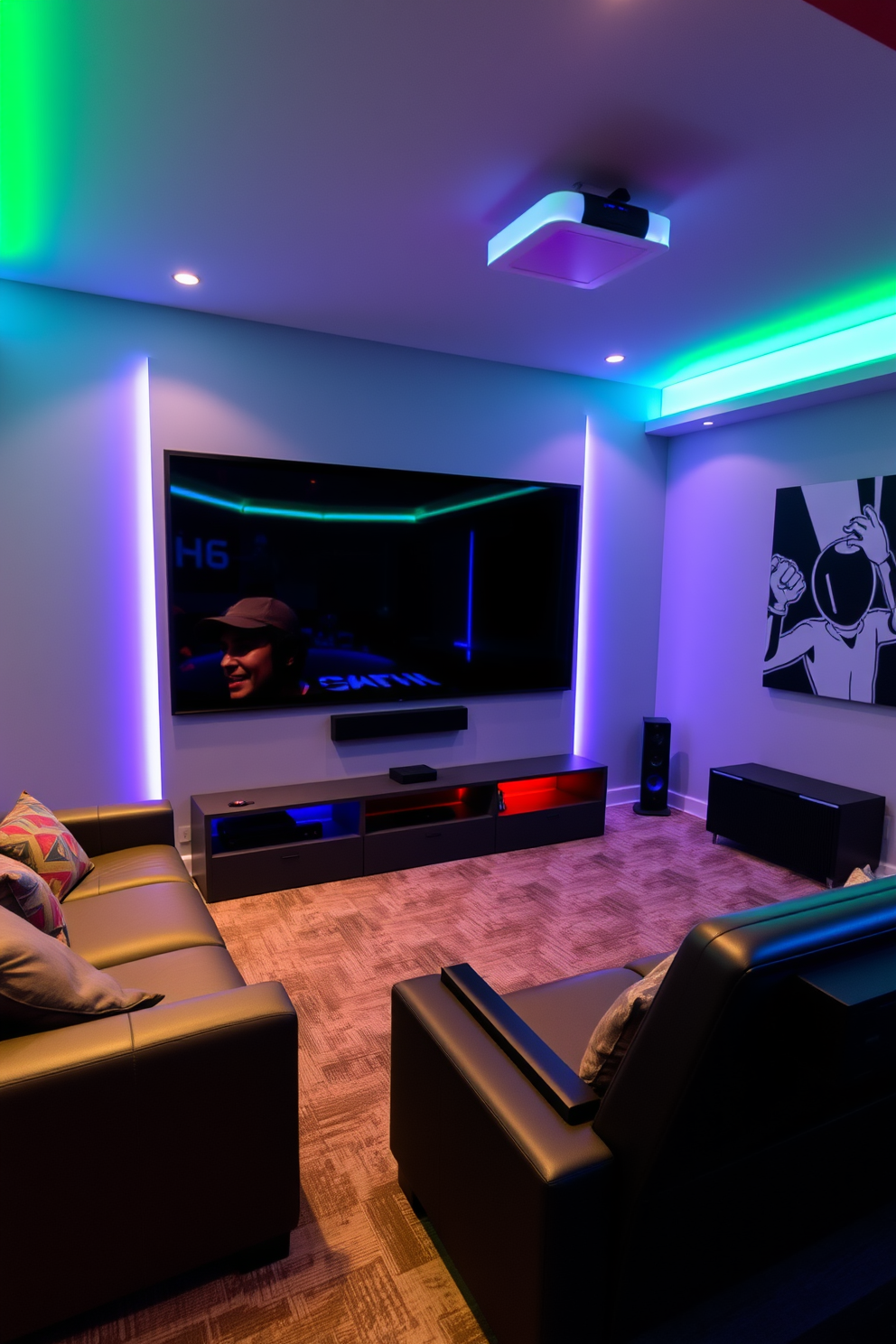 A modern game room featuring a large screen projector mounted on the wall for an immersive cinematic experience. The room is equipped with comfortable seating, vibrant LED lighting, and a sleek gaming console setup.