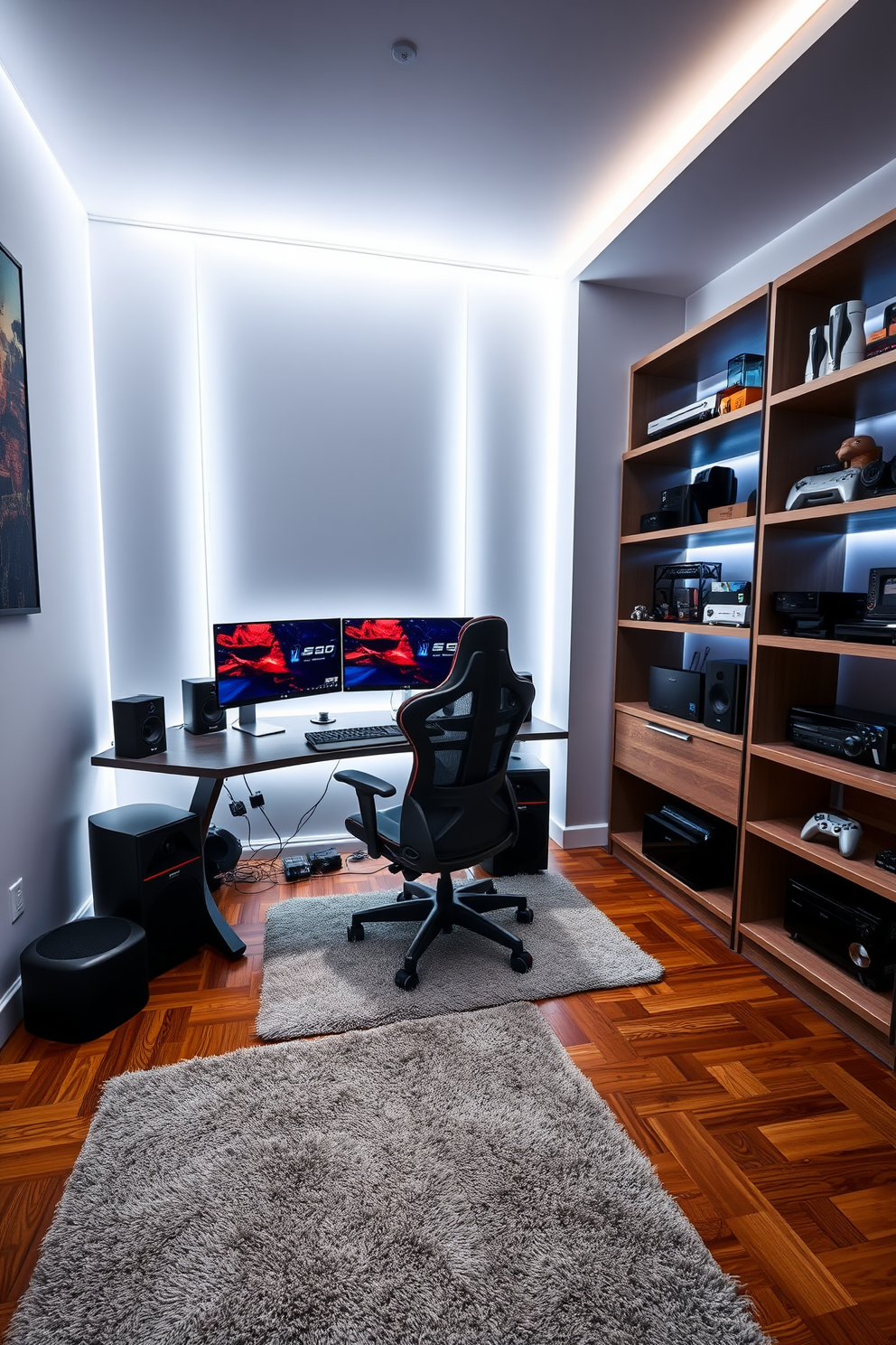 A modern computer game room featuring a sleek gaming desk with dual monitors and an ergonomic chair. The walls are adorned with LED strip lighting that creates an immersive atmosphere, while a plush rug covers the hardwood floor. In one corner, a sound system is set up with high-quality speakers for an enhanced audio experience. The room includes shelves filled with gaming consoles and collectibles, adding a personal touch to the design.