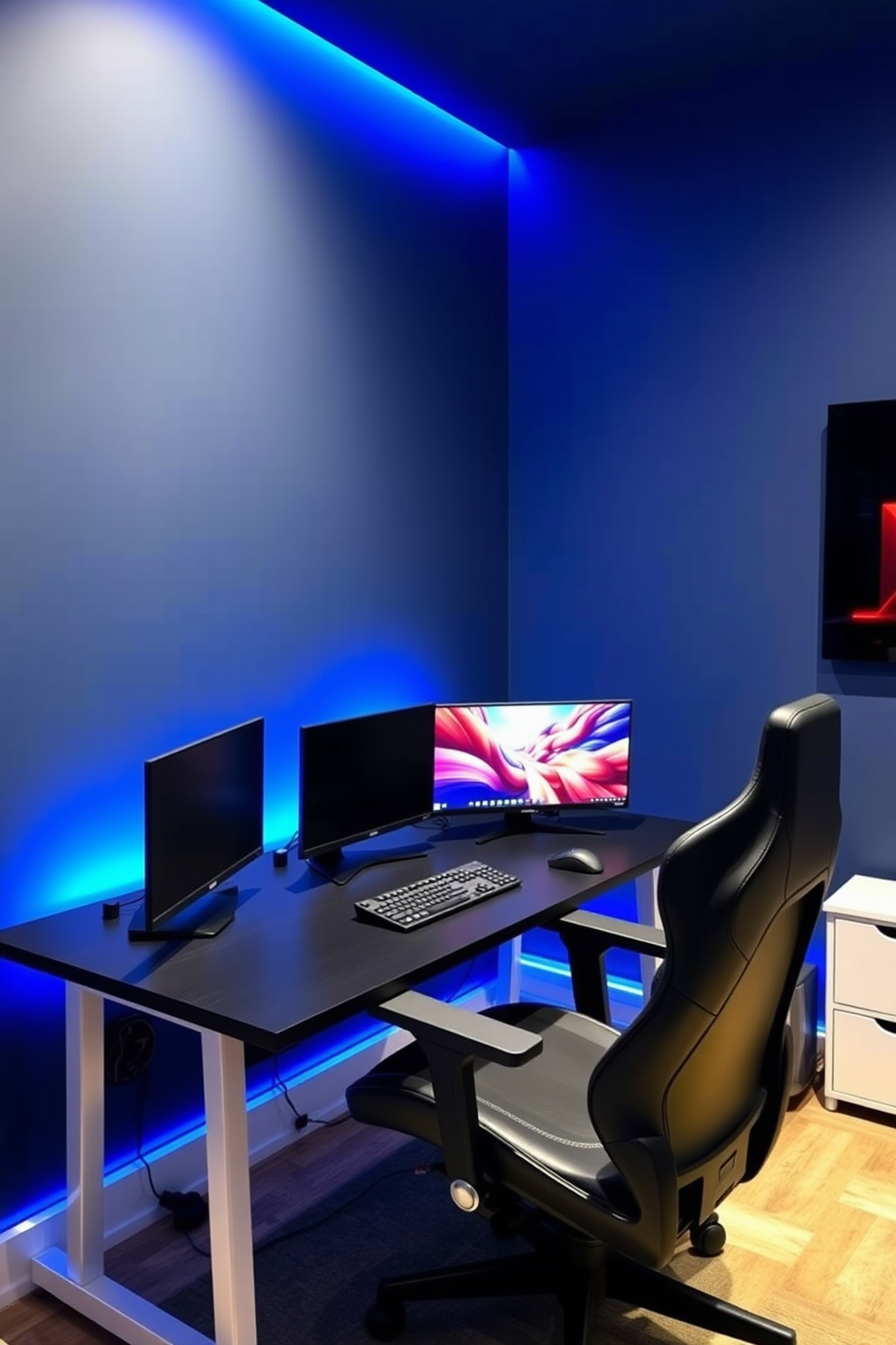 A modern gaming room featuring a sleek gaming desk equipped with effective cable management solutions to keep the space organized. The walls are painted in a deep blue color, and ambient LED lighting enhances the overall atmosphere while a comfortable gaming chair complements the setup.