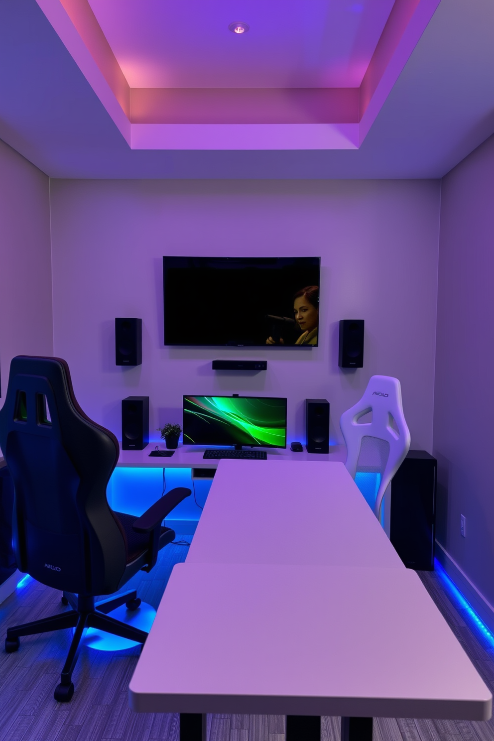 A modern computer game room featuring a wall-mounted TV positioned at eye level for optimal viewing. The room is equipped with a sleek gaming desk, ergonomic chair, and ambient LED lighting to enhance the gaming experience.