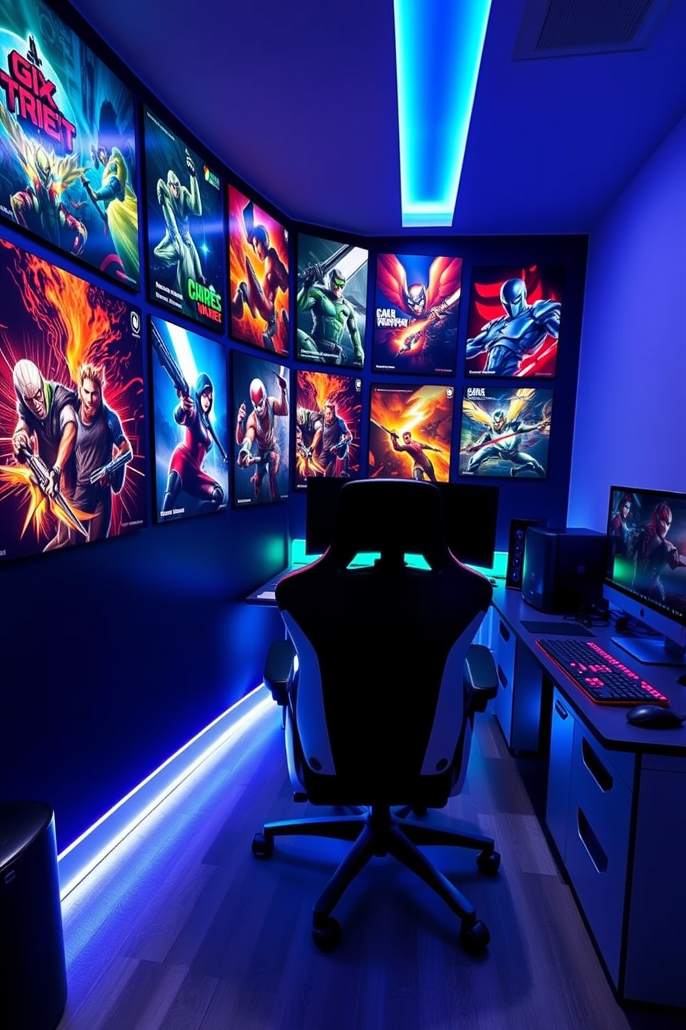 A dynamic computer game room featuring an interactive wall adorned with vibrant gaming posters. The space is designed with a comfortable gaming chair, a sleek desk, and ambient LED lighting that enhances the gaming atmosphere.