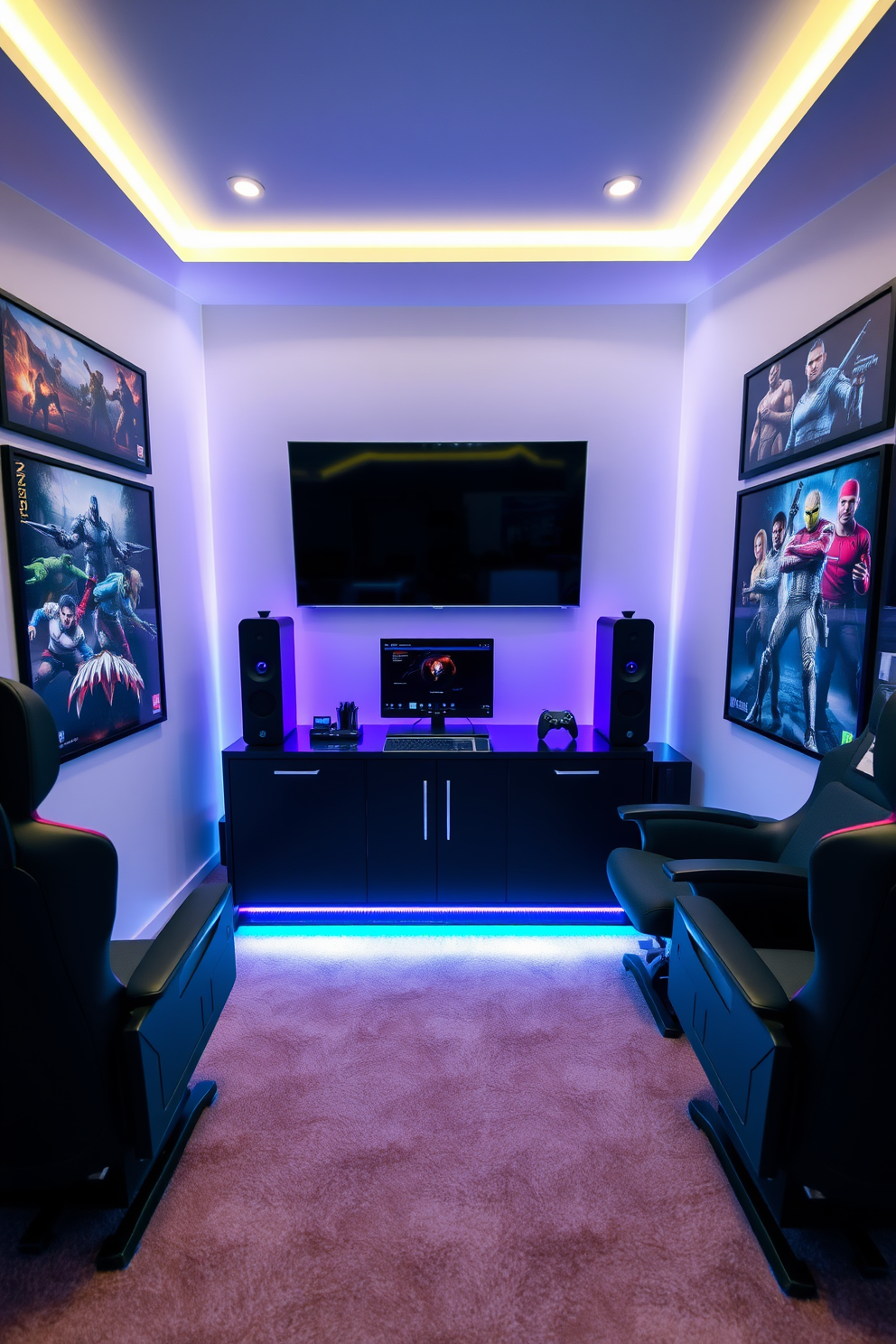 A vibrant computer game room featuring padded flooring for comfort during extended play sessions. The walls are painted in a deep blue hue, adorned with posters of popular video games and LED strip lighting that changes colors.