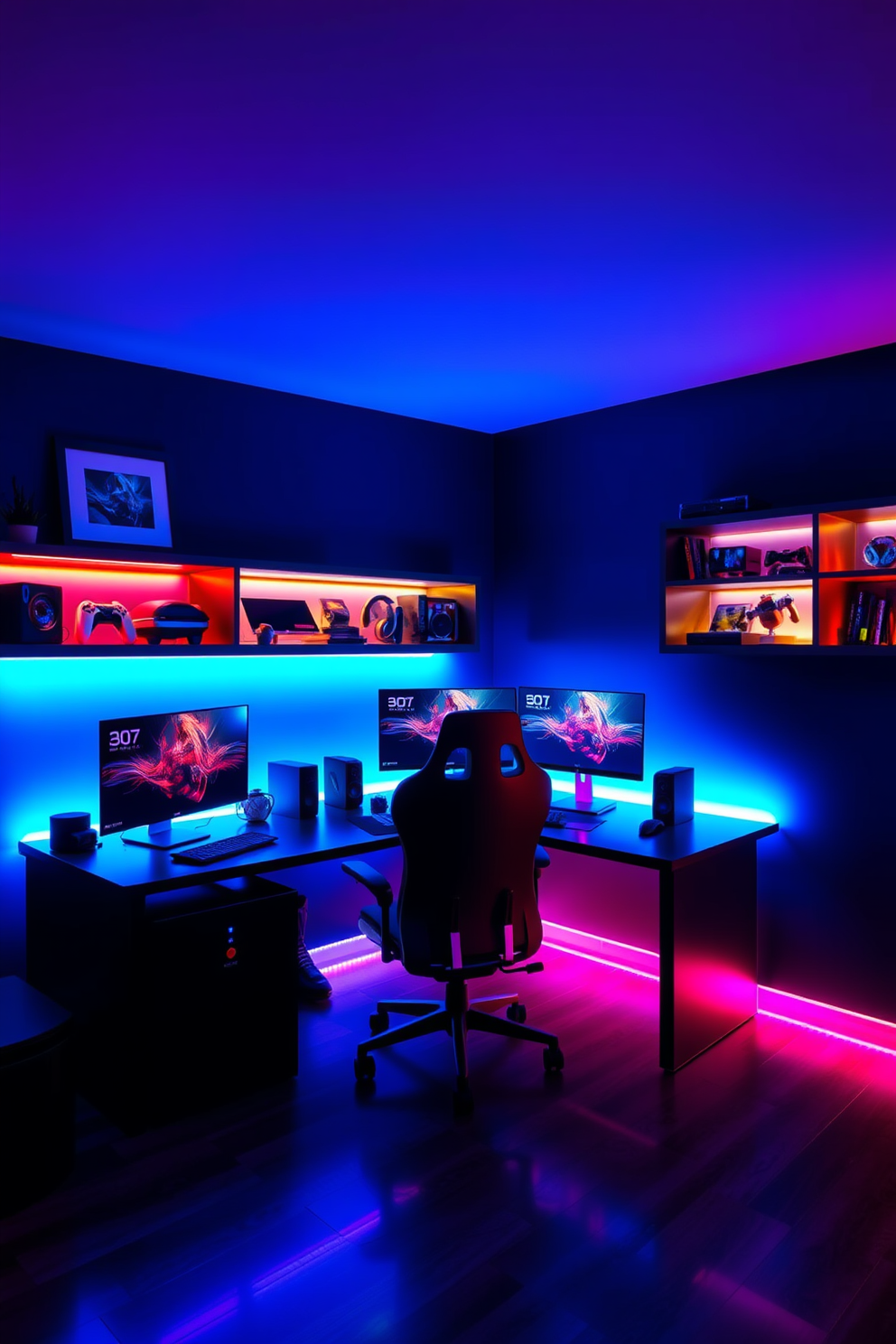 A personalized gaming trophy display takes center stage in a modern game room. The shelves are filled with unique trophies showcasing achievements in various games, illuminated by soft LED lighting. The room features a sleek gaming desk with a high-end gaming monitor and ergonomic chair. Walls are adorned with vibrant artwork and posters from favorite video games, creating an immersive atmosphere.