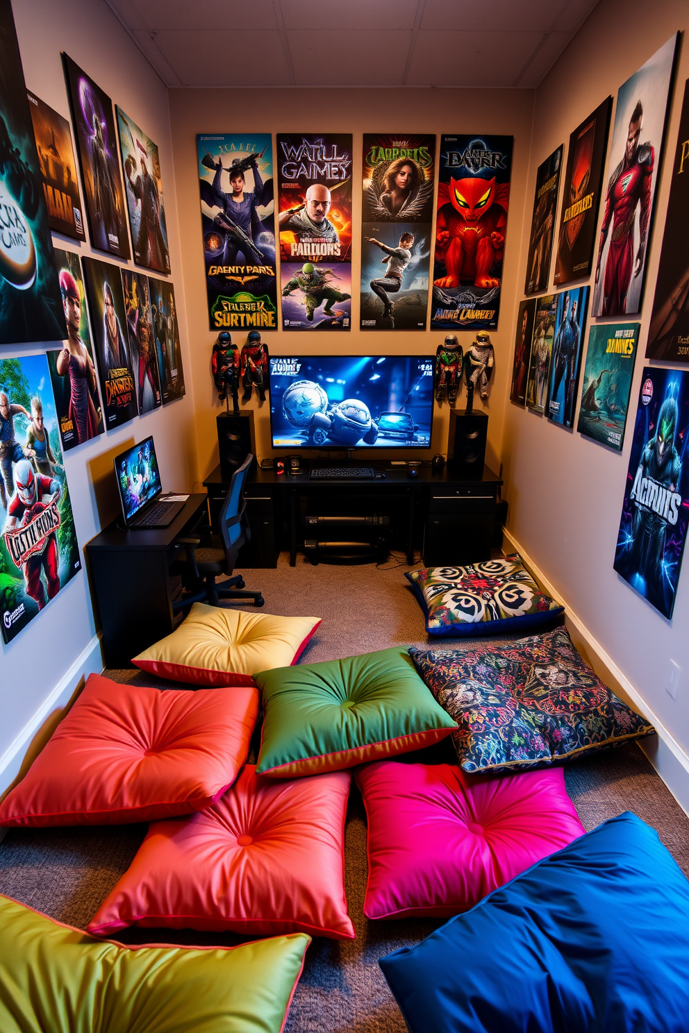 A cozy computer game room featuring colorful floor cushions scattered around for extra seating options. The walls are adorned with vibrant posters of popular video games, and a large screen is mounted for immersive gameplay experiences.