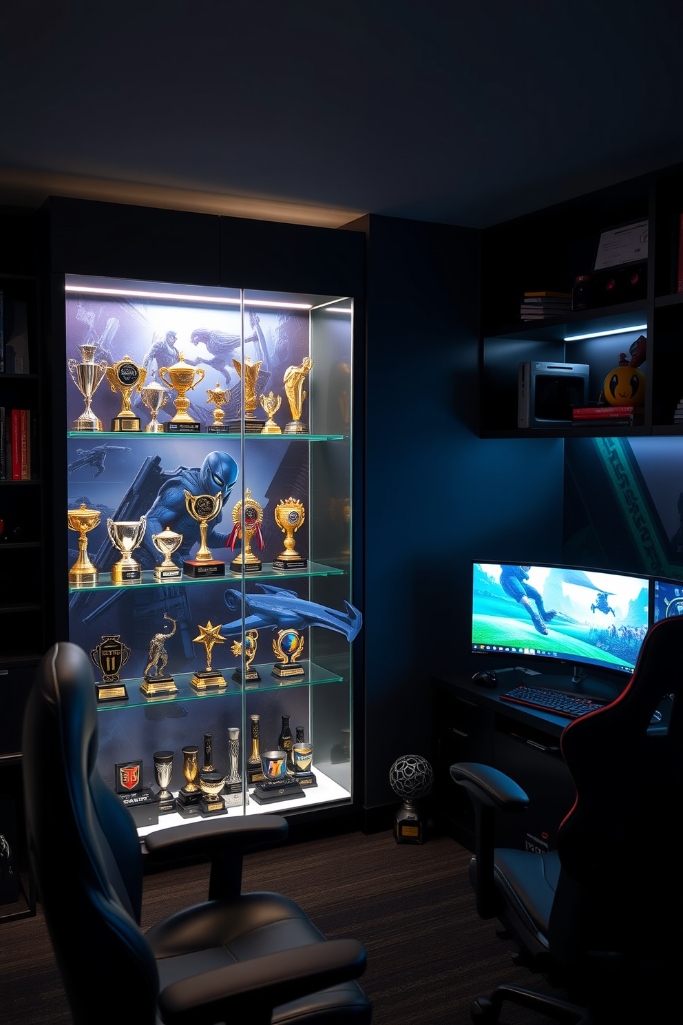 A personalized gaming trophies display area features a sleek glass cabinet showcasing an array of unique trophies and awards. The cabinet is illuminated with LED lighting to highlight the achievements, while the backdrop includes a vibrant mural of a favorite game scene. The computer game room is designed with ergonomic gaming chairs and a multi-monitor setup for an immersive experience. Dark walls and ambient lighting create a cozy atmosphere, complemented by shelves filled with gaming memorabilia and collectibles.