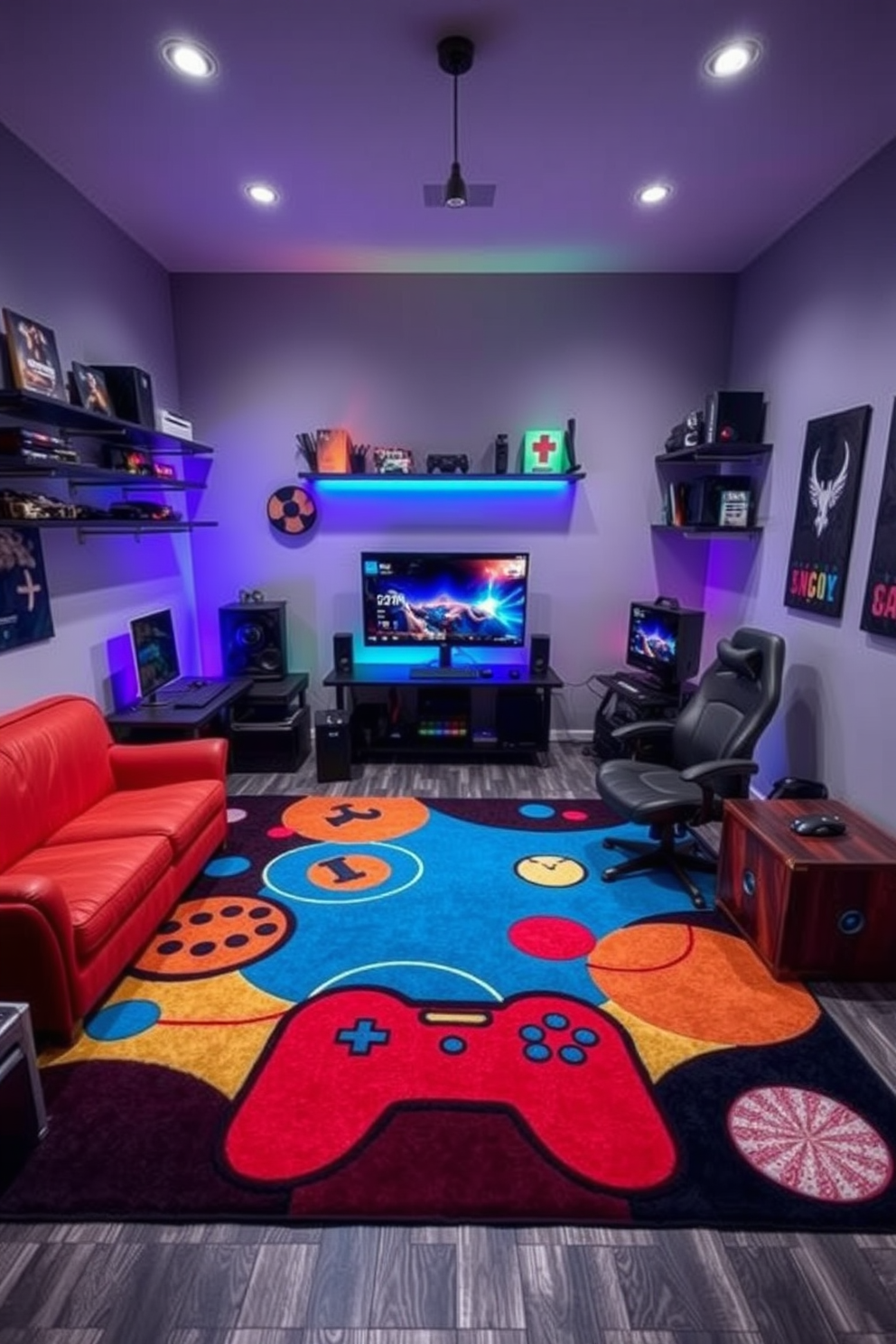 A game-themed rug featuring vibrant colors and playful designs that enhance the overall aesthetic of the room. The rug provides a soft and comfortable surface for long gaming sessions, creating an inviting atmosphere. The computer game room is designed with ergonomic furniture and ambient lighting for an immersive experience. Wall-mounted shelves display collectibles and gaming gear, while a large screen is positioned for optimal viewing.