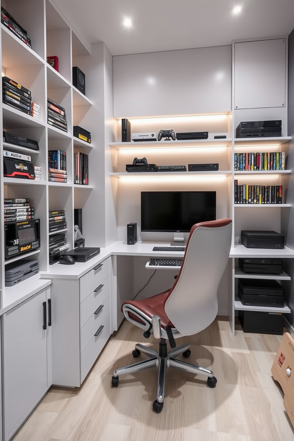 A modern computer game room designed for small spaces features vertical game storage that maximizes floor space. The walls are adorned with sleek shelves that hold an organized collection of games and consoles, while a cozy gaming chair is positioned in front of a stylish desk with a high-resolution monitor.