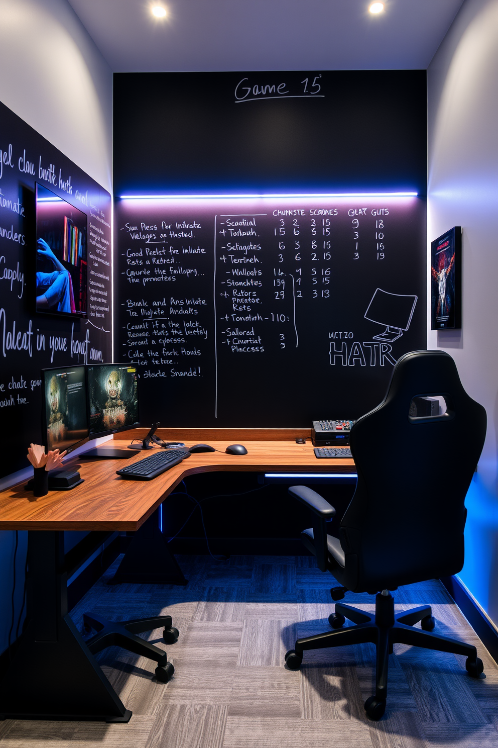 A modern computer game room featuring a chalkboard wall dedicated to game notes and scores. The room is equipped with a sleek gaming desk, comfortable ergonomic chair, and ambient LED lighting that enhances the gaming atmosphere.