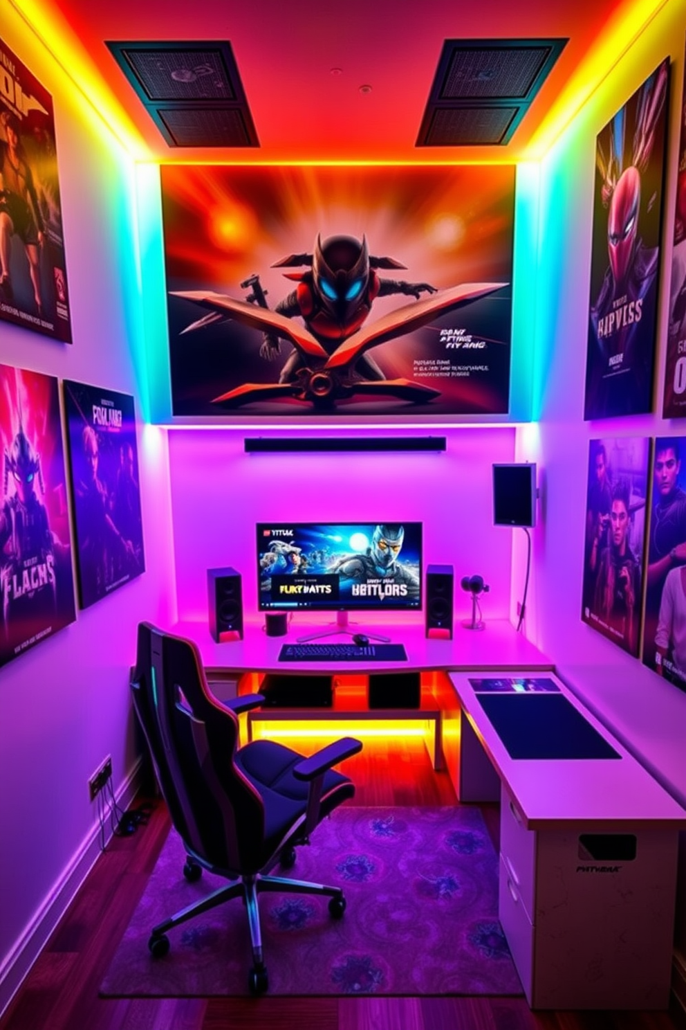 A dynamic computer game room designed for immersive gaming experiences. The space features adjustable mood lighting that shifts in color and intensity to match different gaming atmospheres. The walls are adorned with vibrant posters of popular games, and the furniture includes a sleek gaming chair and a modern desk with built-in cable management. A large screen is mounted on the wall, complemented by surround sound speakers for an engaging audio experience.