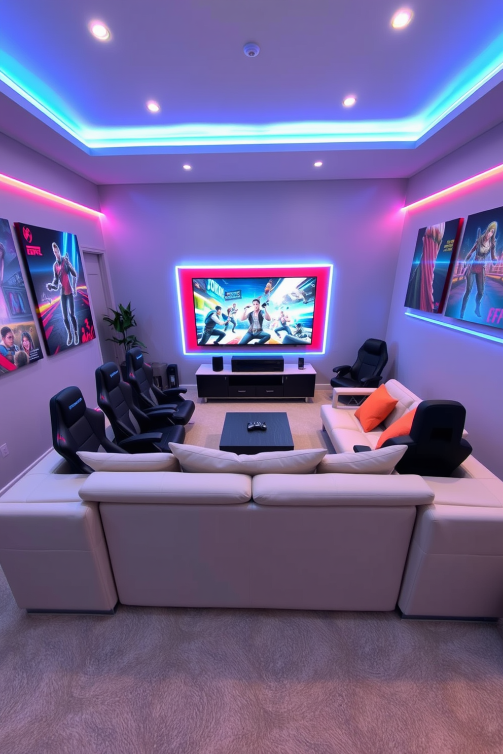 A sleek gaming room featuring framed gaming posters arranged in an aesthetically pleasing layout on the walls. The setup includes a modern desk with a high-end gaming monitor and ergonomic chair, complemented by ambient LED lighting.