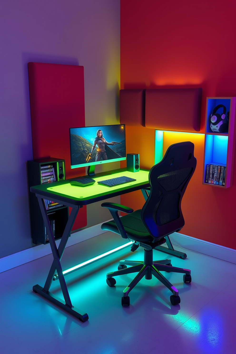 A portable gaming setup featuring a sleek folding desk with built-in LED lighting. The ergonomic chair is designed for comfort and support, while a compact gaming console and monitor are neatly arranged on the surface. The walls are adorned with soundproof panels in vibrant colors to enhance the gaming atmosphere. A small bookshelf holds a collection of games and accessories, creating an organized and inviting space.