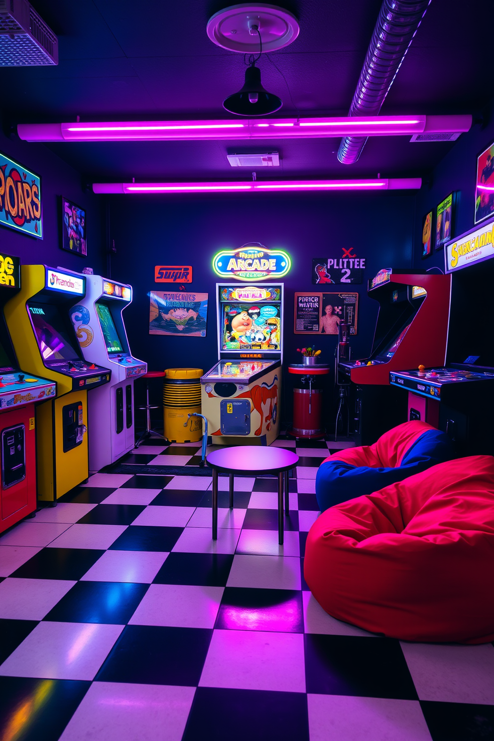 A retro arcade corner filled with vintage games creates a nostalgic atmosphere. Brightly colored arcade machines line the walls, while a classic pinball machine sits in the center of the room. The flooring features a checkerboard pattern in black and white, enhancing the retro vibe. Neon lights illuminate the space, casting a vibrant glow over the cozy seating area with bean bags and a small coffee table.