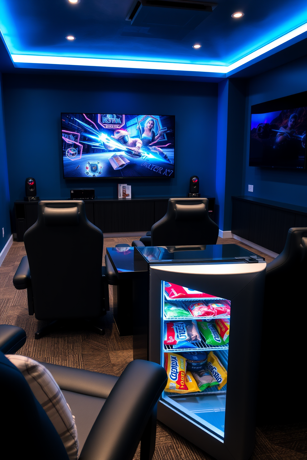 A vibrant computer game room filled with energy and creativity. The walls are painted in a deep blue hue, adorned with posters of popular games and framed artwork. In one corner, a large gaming desk holds multiple monitors and a high-end gaming chair. Potted plants are placed strategically around the room, adding a touch of nature and freshness to the space.