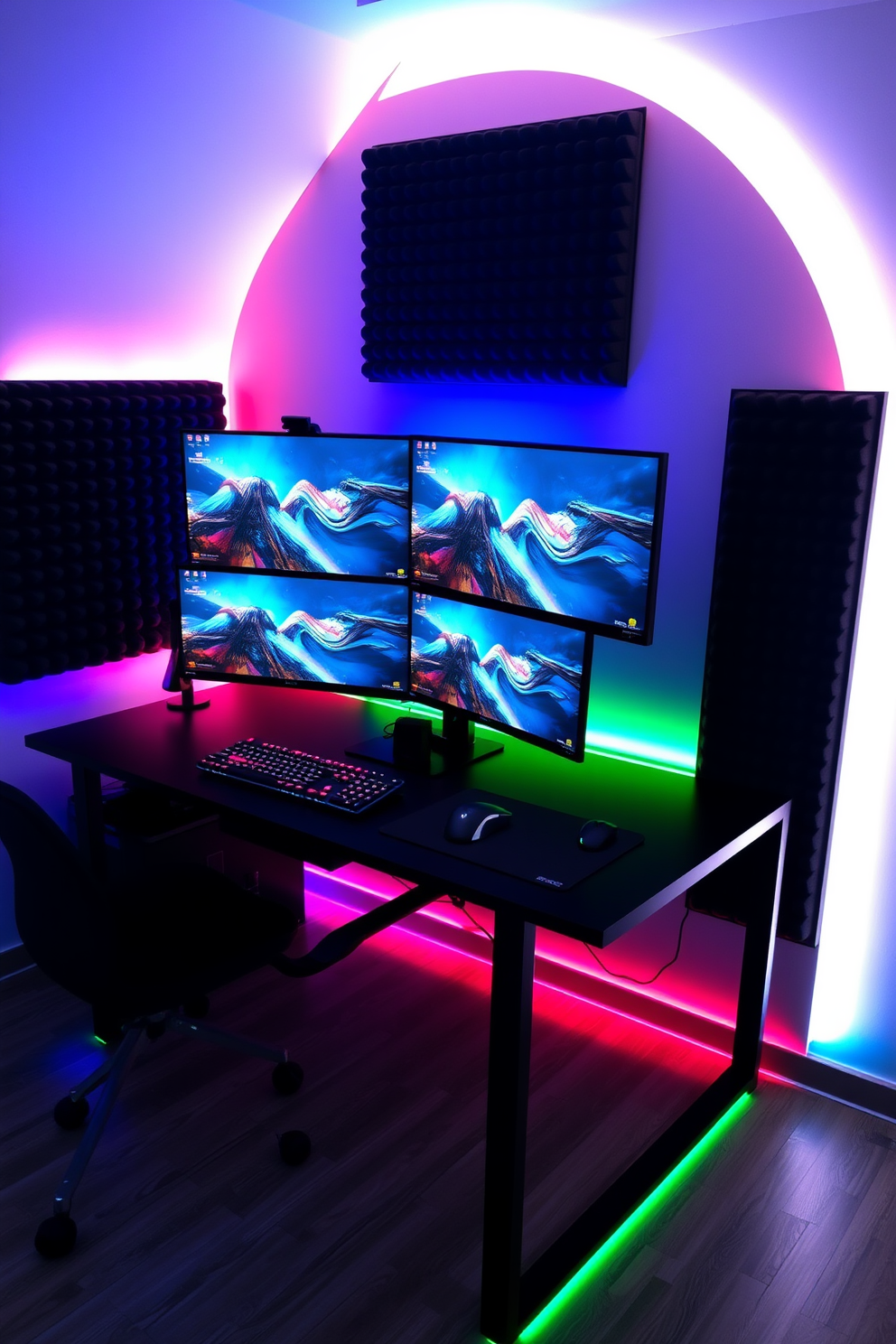 A dual monitor desk setup designed for multitasking gamers. The desk features a sleek black finish with ample space for two large monitors, a mechanical keyboard, and a gaming mouse. The room is illuminated with RGB lighting that changes colors, creating an immersive gaming atmosphere. Soundproofing panels in dark colors adorn the walls, enhancing the acoustics for an uninterrupted gaming experience.