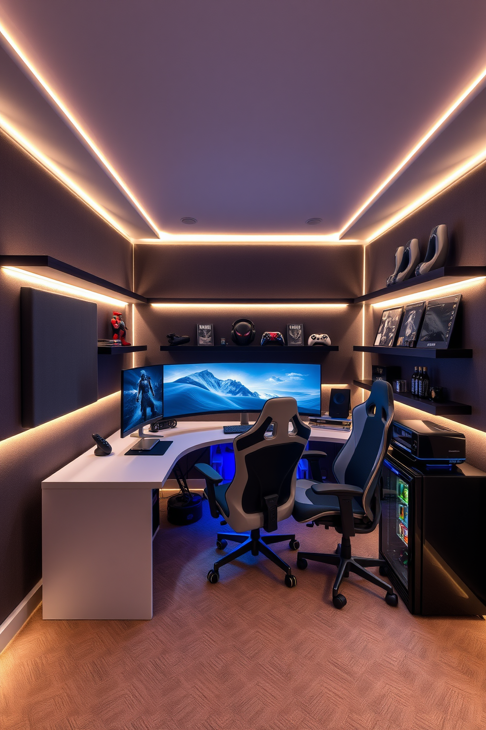 A modern game room featuring dual monitors mounted on a sleek black desk. The walls are painted in a deep blue, creating an immersive atmosphere, while LED strip lighting adds a dynamic touch. Comfortable gaming chairs are positioned for optimal viewing, and a plush area rug in front of the desk enhances the cozy feel. Shelves filled with game collectibles and a mini-fridge stocked with beverages complete the setup.